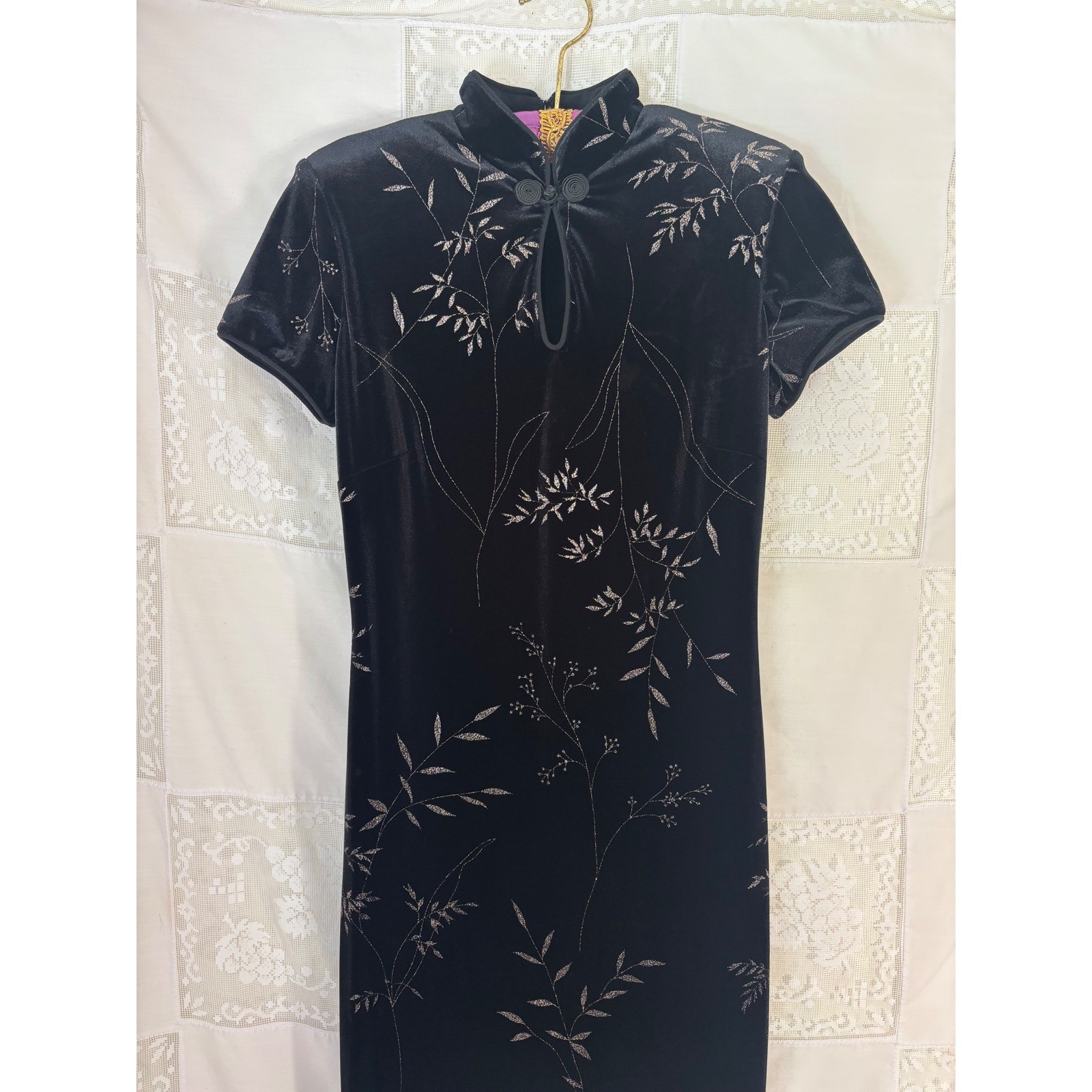 VTG Black Velvet Metallic Threaded Floral Maxi Cheongsam Dress Size S-M