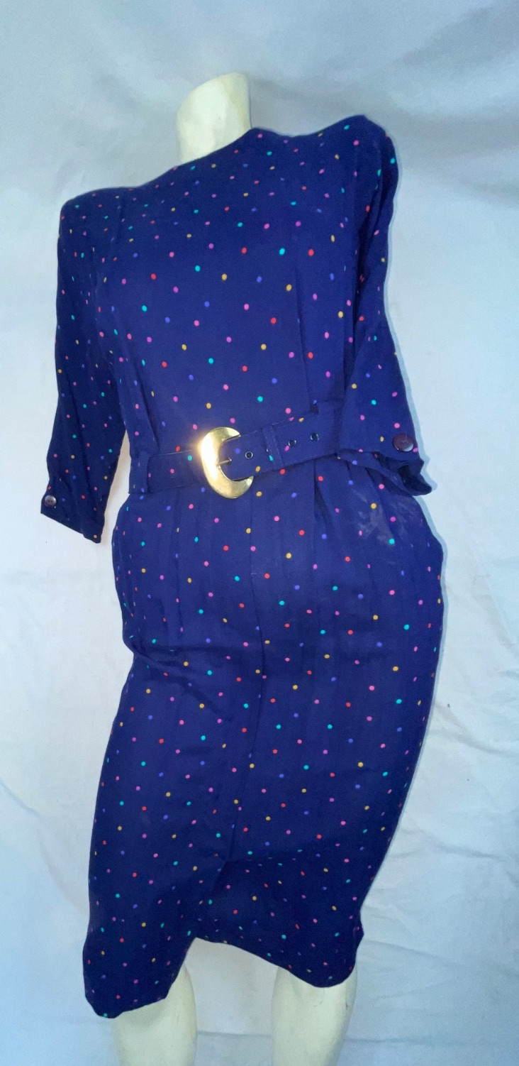 VTG 60S 70S WOMENS BLUE POLKA DOT BUTTON BELTED PARTY FUN CUTE RAYON DRESS
