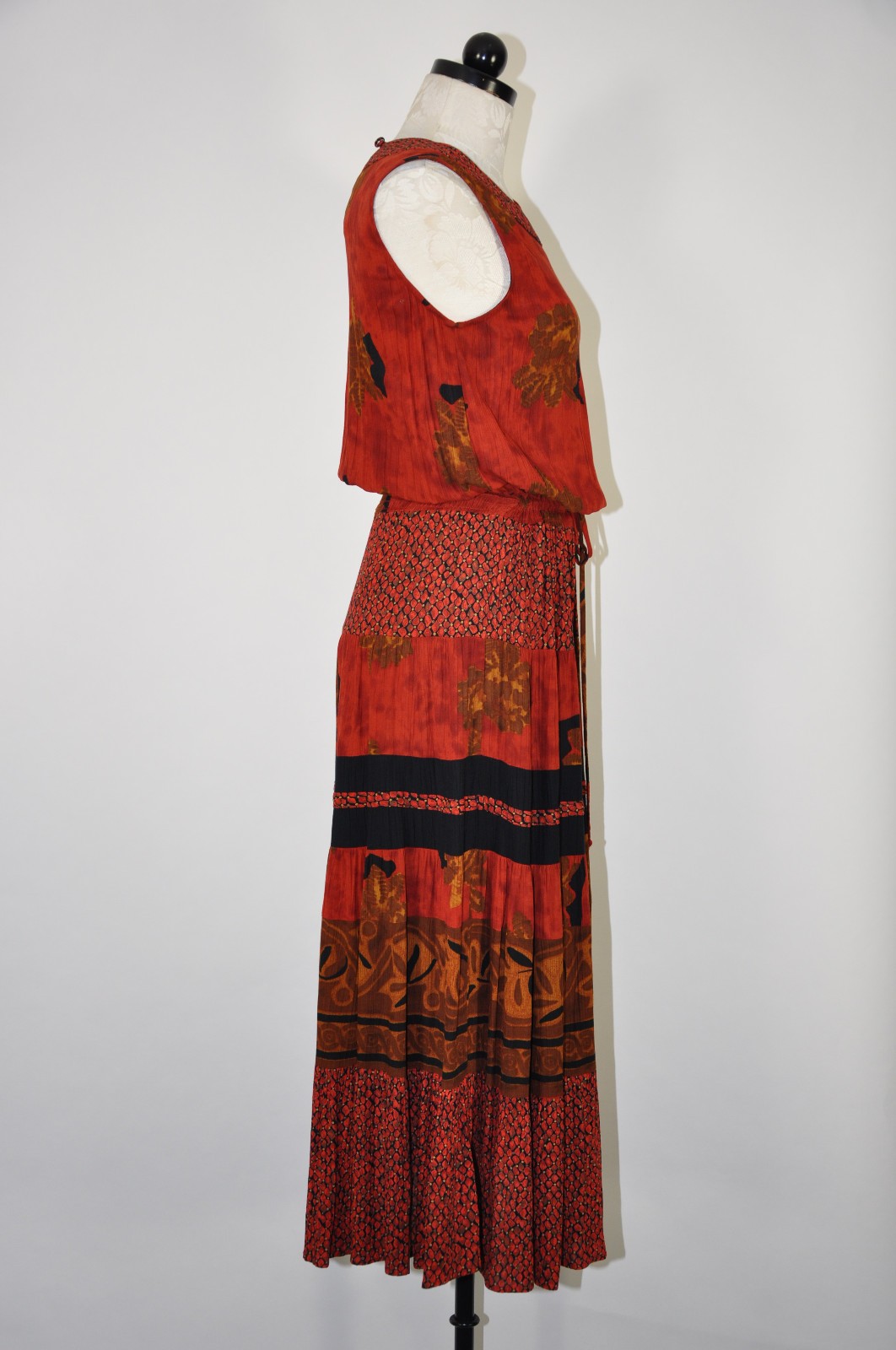 90s Vintage Rust Red Rayon Autumn Leaf Print Sleeveless Midi Dress Women S M