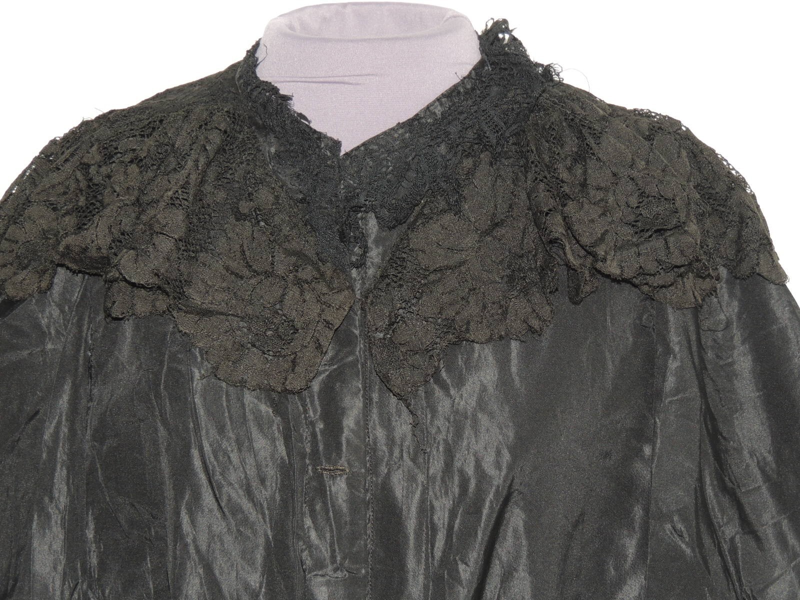 Victorian Black Silk Taffeta Jacket w Lace Cape Like Collar SM – MED
