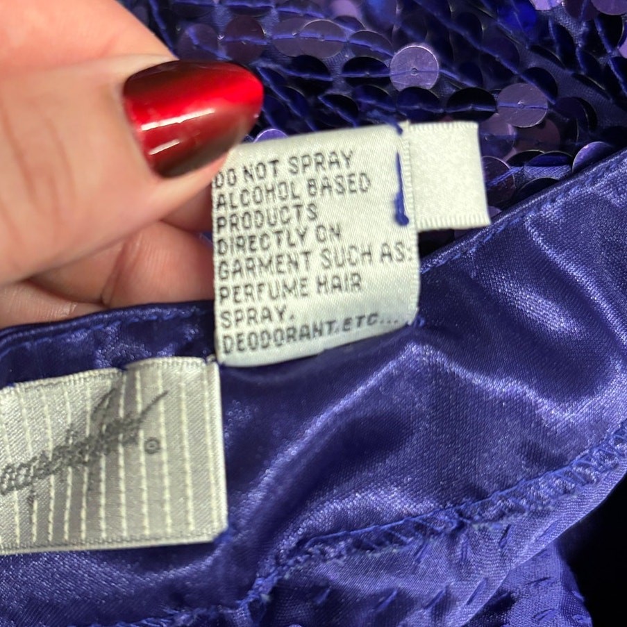 Vtg 90s Purple Sequin Open Back Mock Neck Cocktail Dress Size 10 Disco Glam Luxe