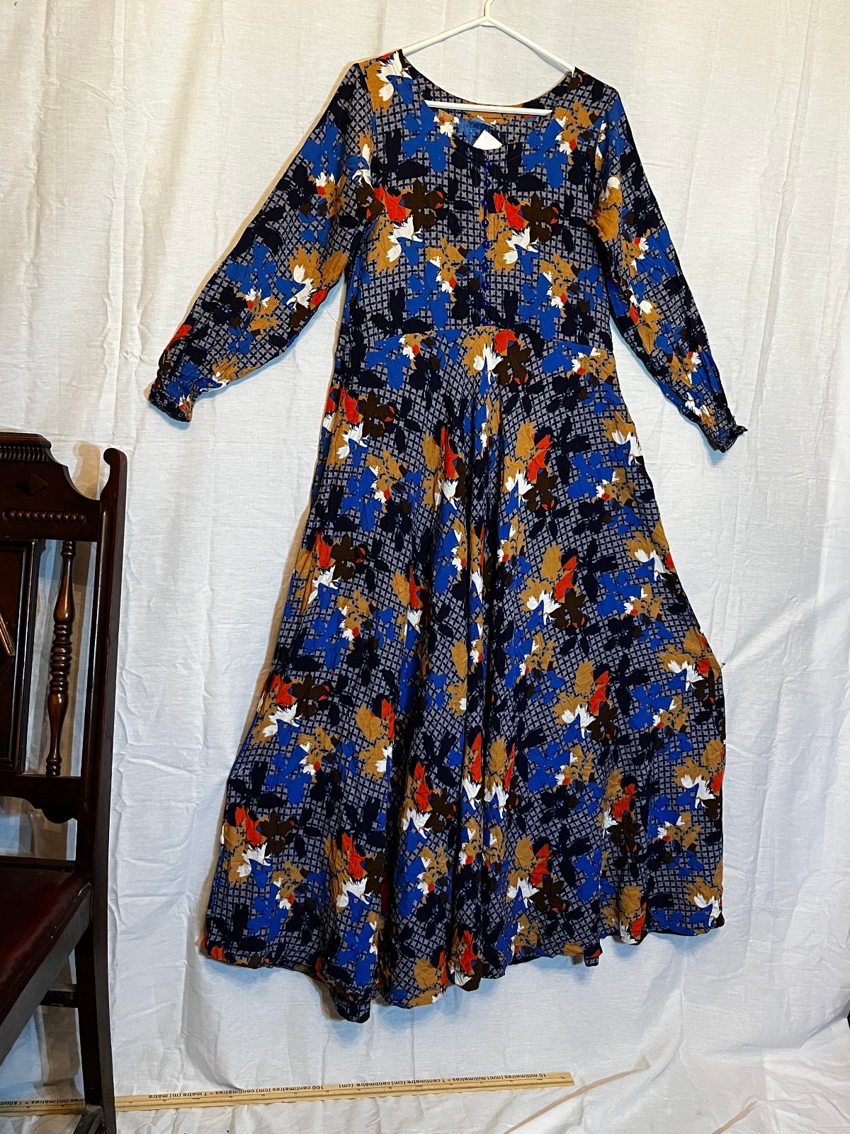 Vintage 90s Chandni Vibrant Dress with Flared Skirt, Long Sleeves S