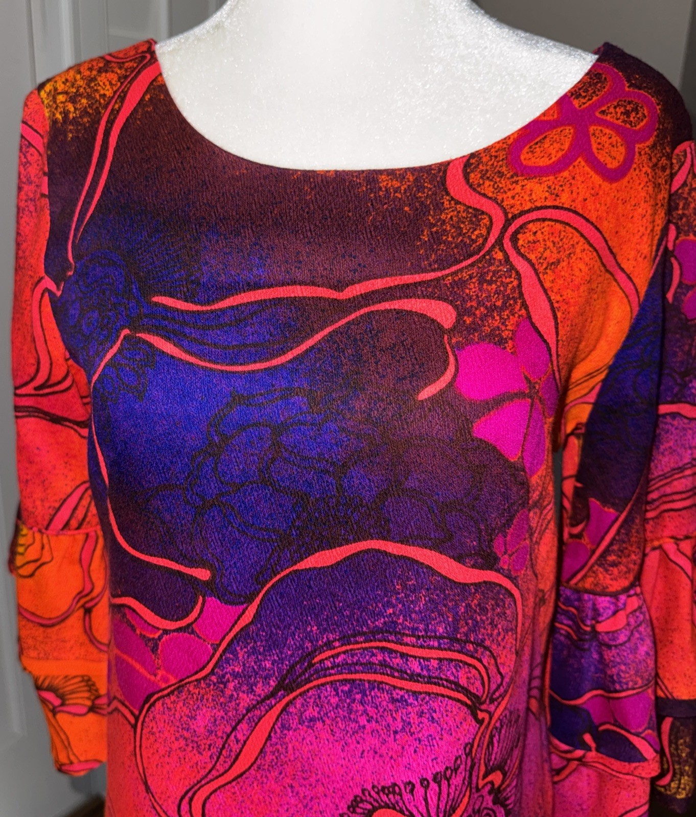 Vintage Sears Hawaiian Fashions Orange Purple Blue Barkcloth Maxi Dress 36” Bust