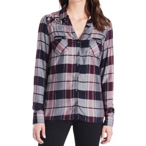 Vintage America Women&rsquo;s Plaid Embroidered Soft Button Up Shirt XXL Navy