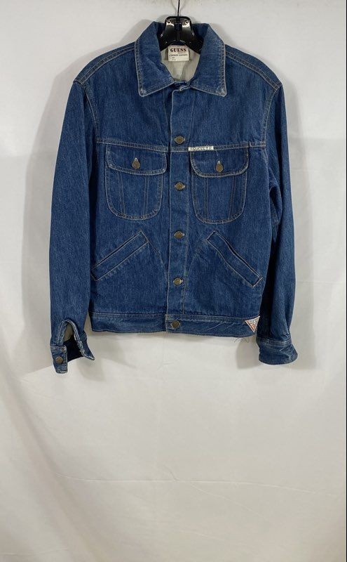 Vintage 90s Guess Georges Marciano Women&rsquo;s Blue Denim Jean Jacket Back Logo Sz S