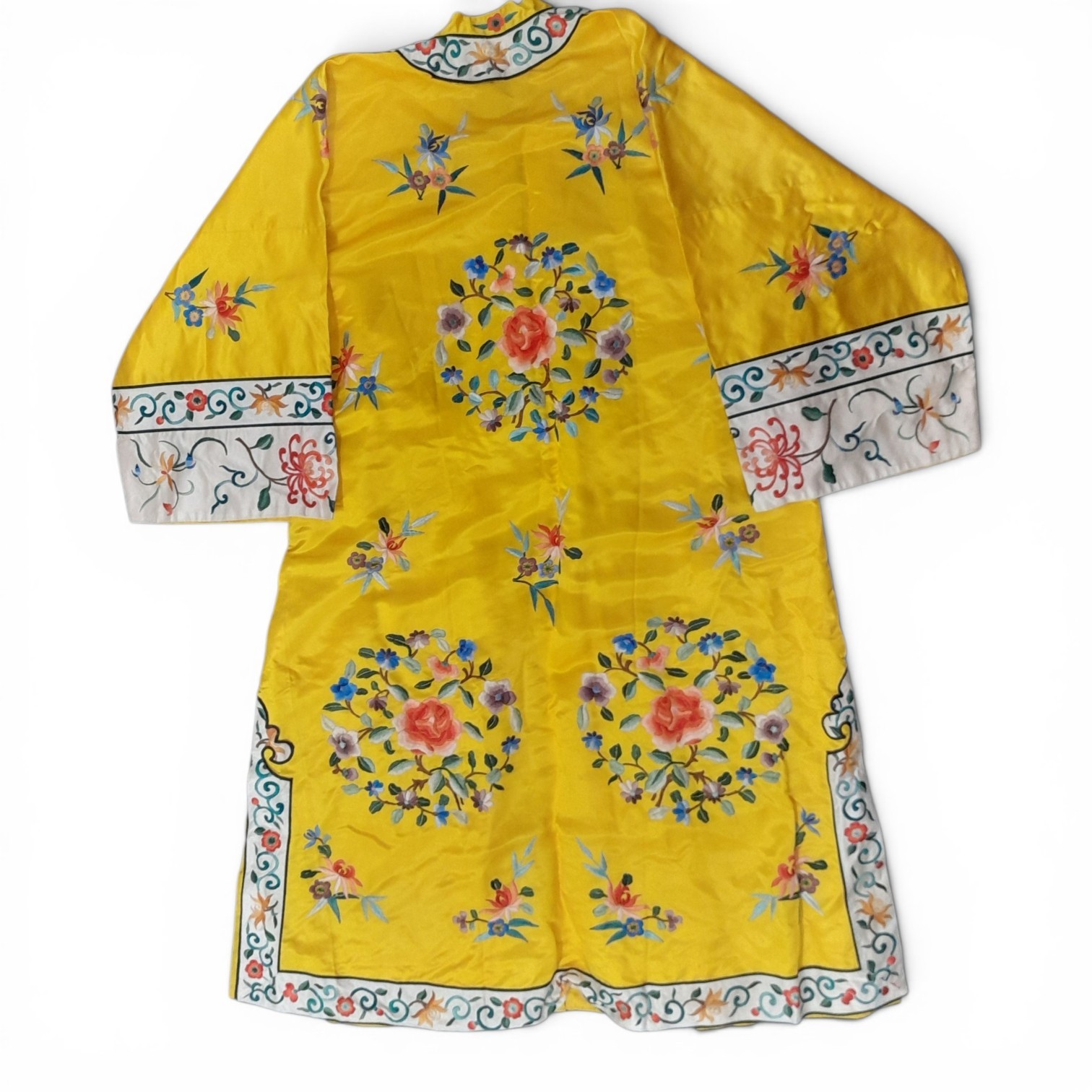 Vintage 1960s Chinese Embroidered Silk Robe-Yellow Floral-Size Medium