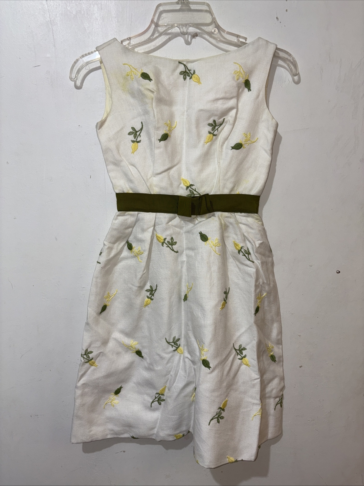 Vtg Womens Sleeveless Dress 2XS White Green Yellow Embroidered Floral **Flaws
