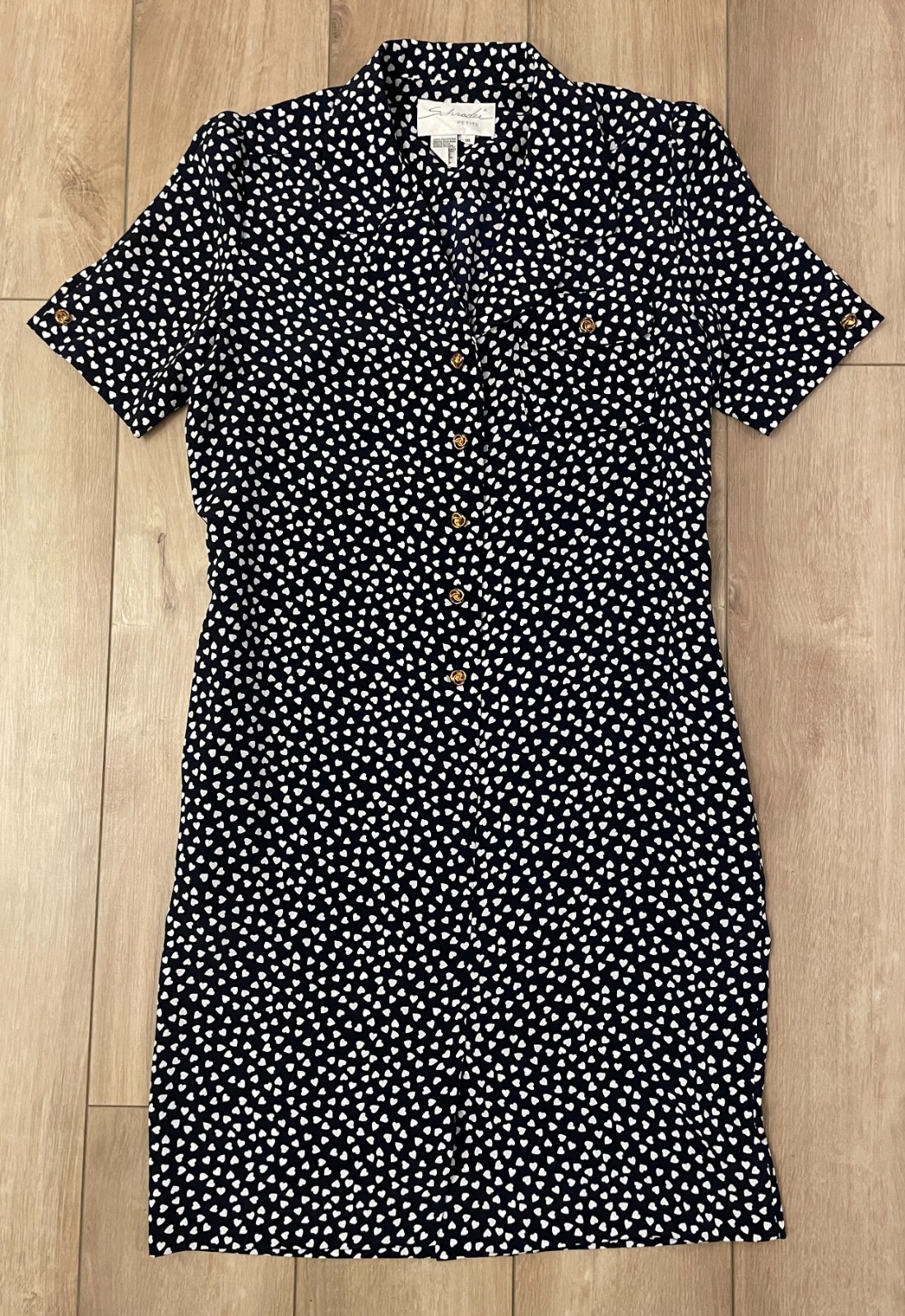 Vintage 80s Schrader Secretary Shirt Dress-Women&rsquo;s 10P-Black White Heart Pattern