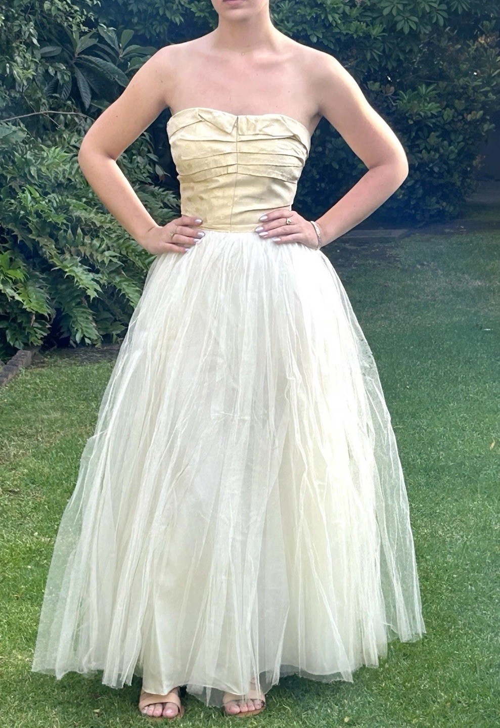 Vintage 50s S Strapless cotillion party Prom dress long Ivory Tulle