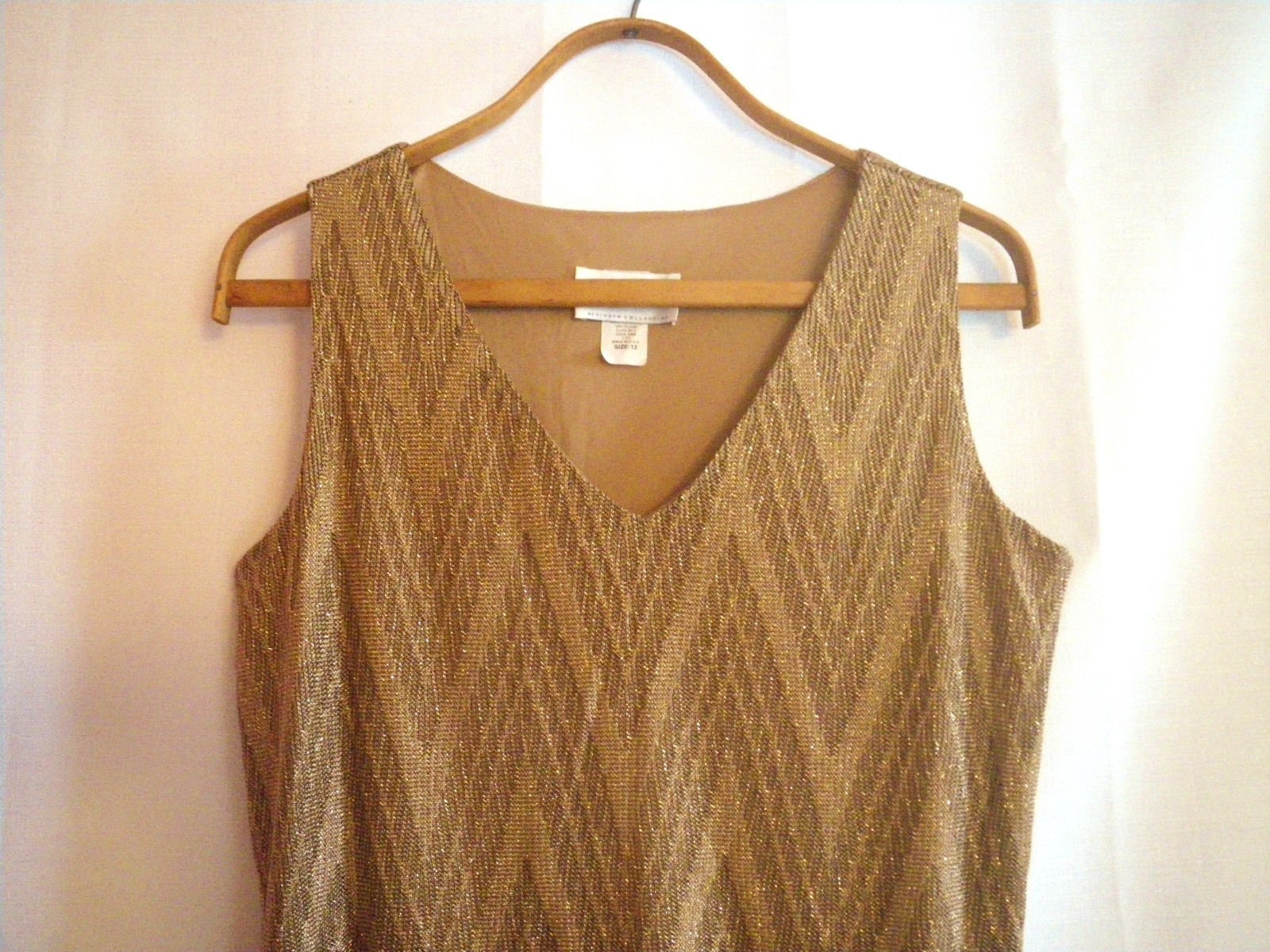 1920s Style Sleeveless Morningside Gold Knit Mesh Flapper Dress Fringe Size 12