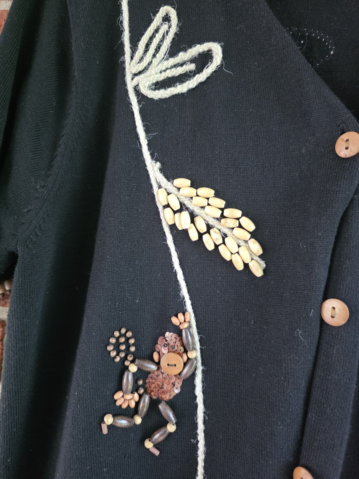 Vintage Eclectic Hand Embroidered Beaded Button Top Size L Artsy Boho Monkey