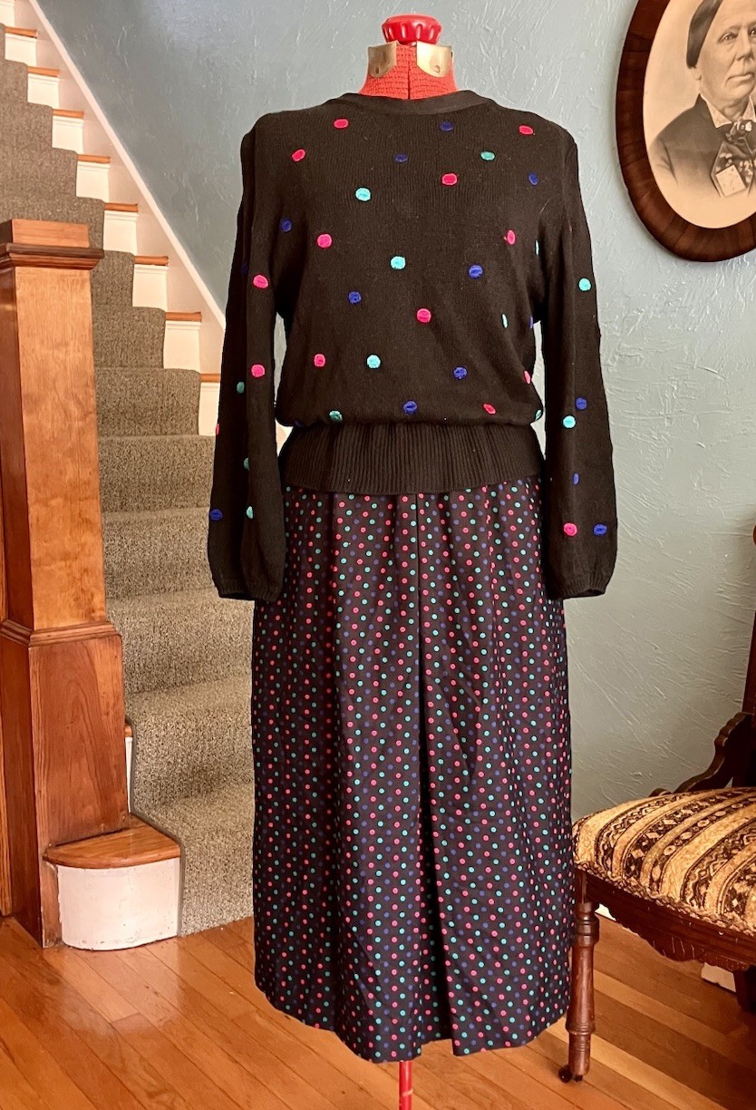 Vintage 80s Ciao Ltd New Wave Embroidered Polka Dot Knit Dress Pockets S/M