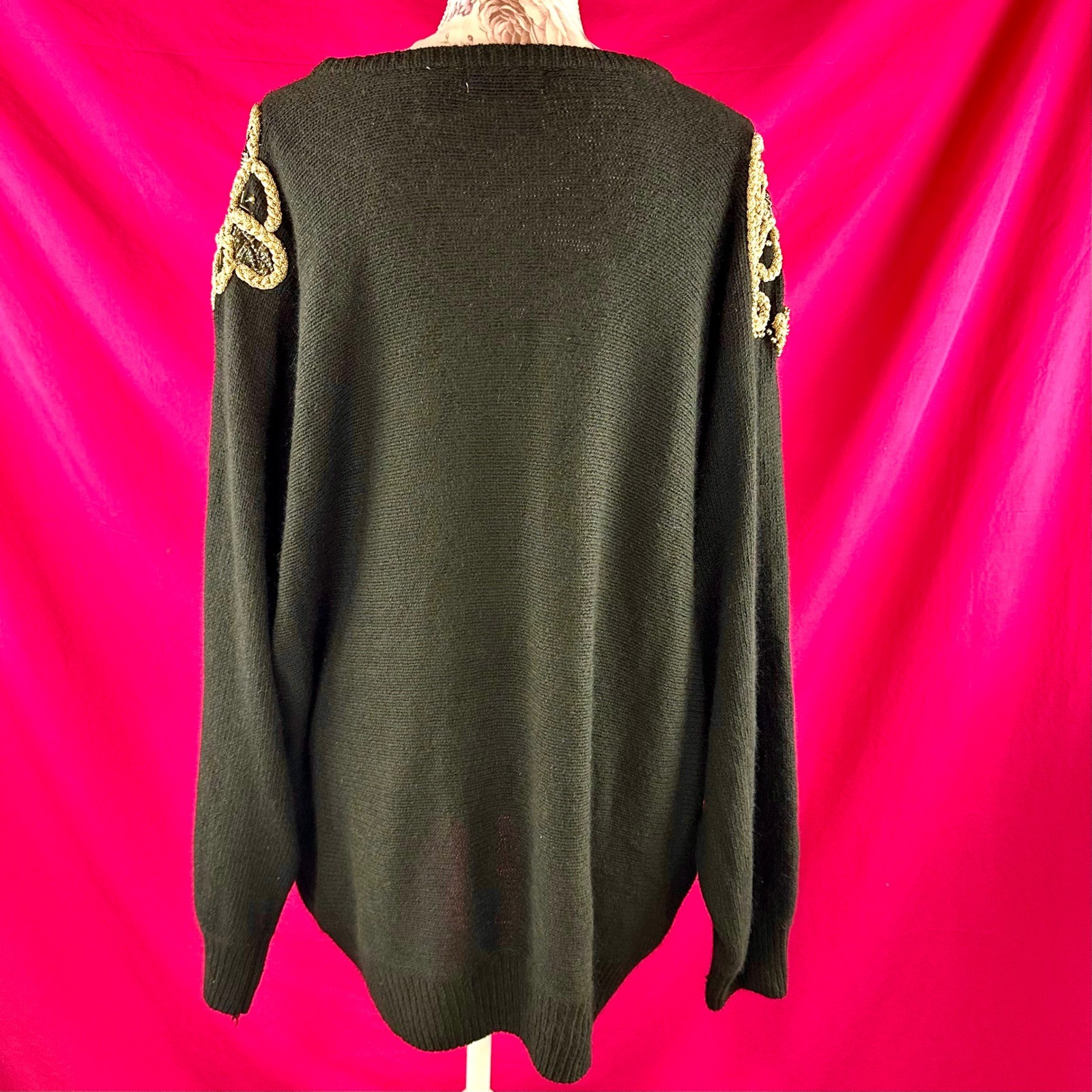 Vintage 80s Beaded Rhinestone Sweater Black Gold Angora Silk Wool NYE Plus 26/28