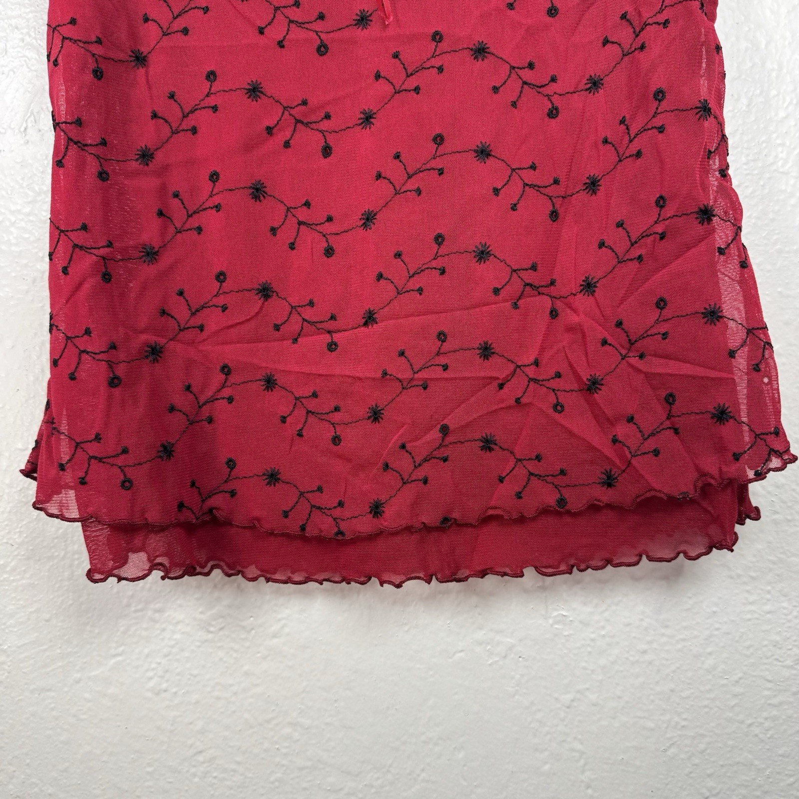 Arianne Lace Trim Tank Top Vintage Red 2000’s Embroidered Mesh Size Small Y2K