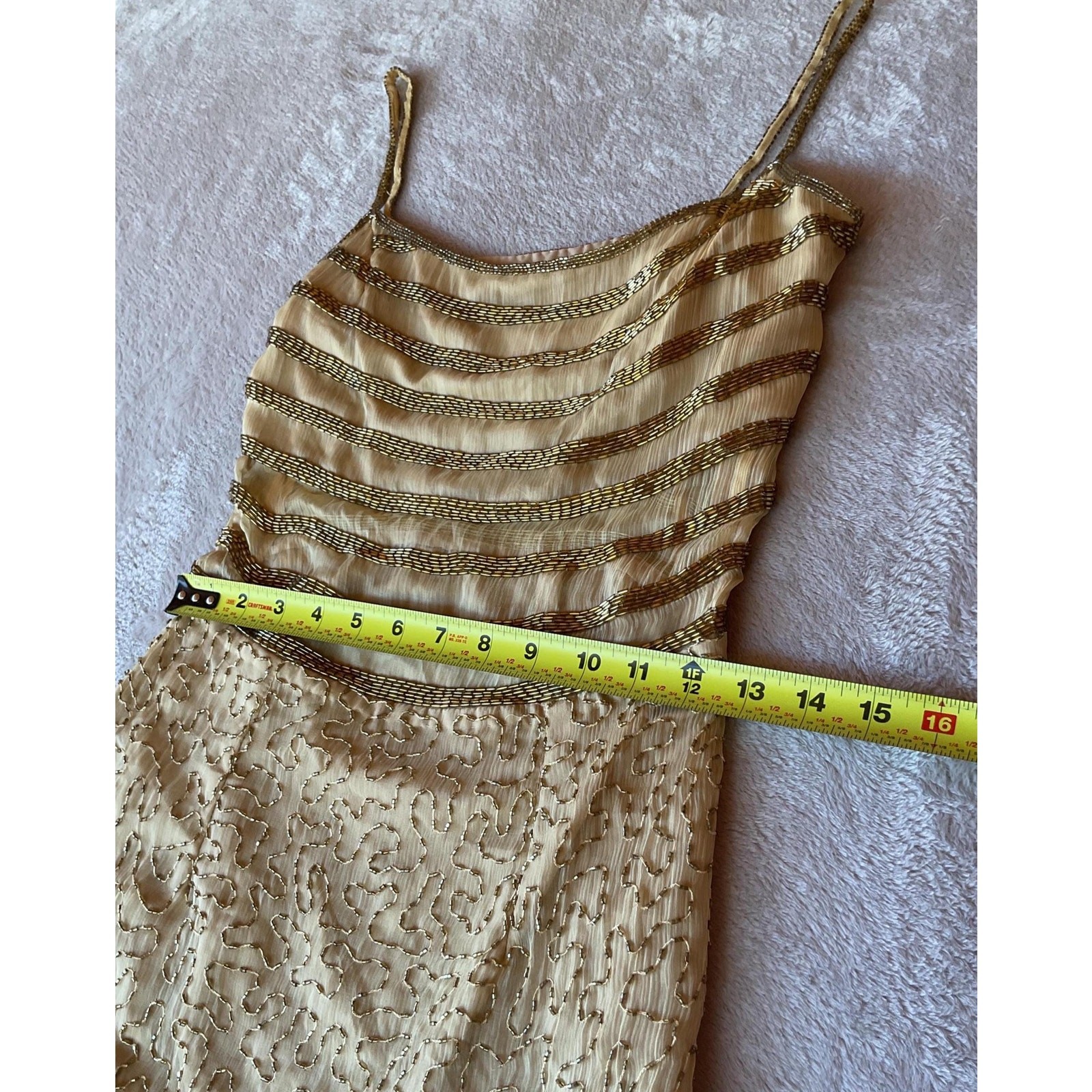 NWT Vintage 90s Gold Silk Beaded Column Gown with Front Slit, Deadstock