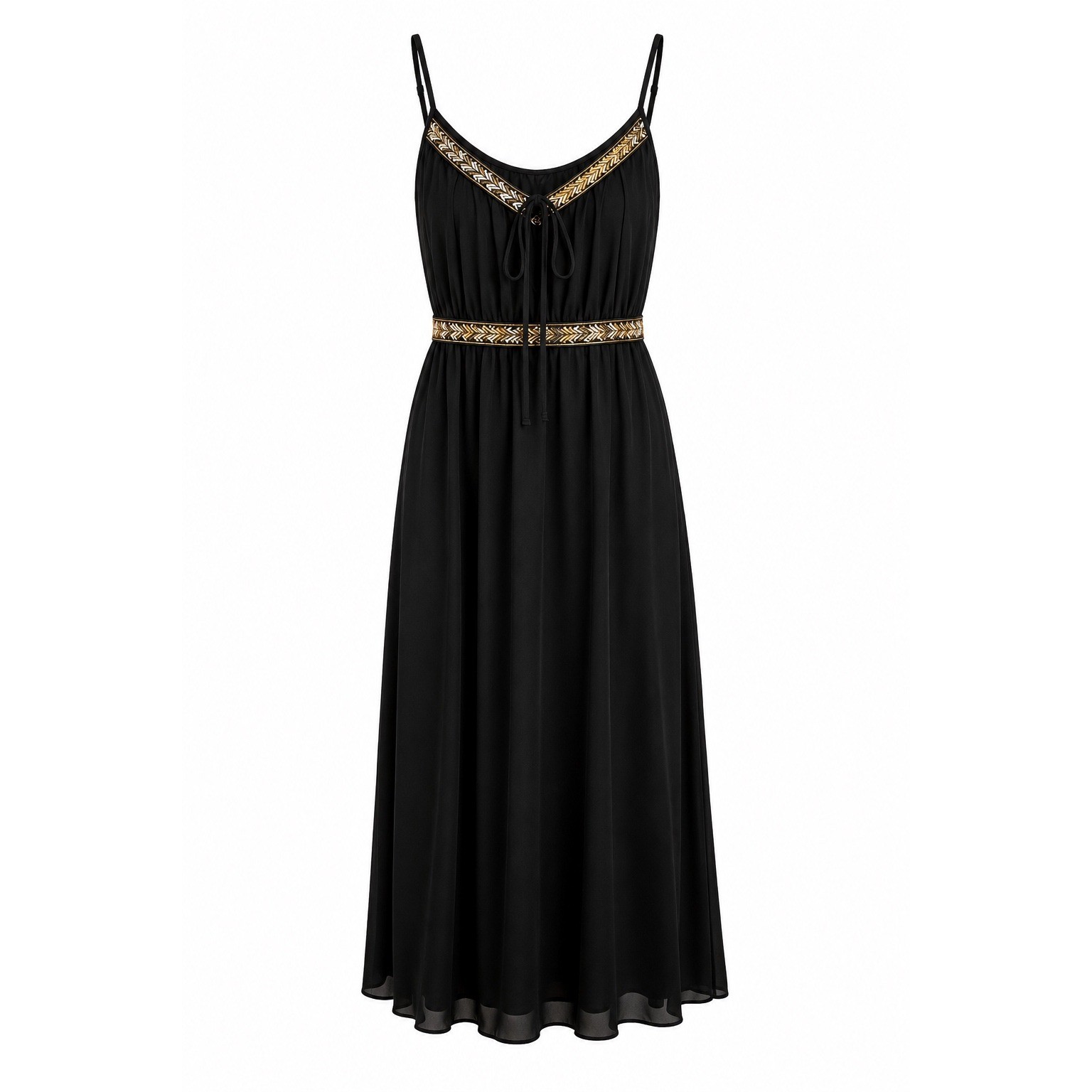 Vintage Black Sheer Empire Waist Nightgown Gold Laurel Leaf Embroidery Small
