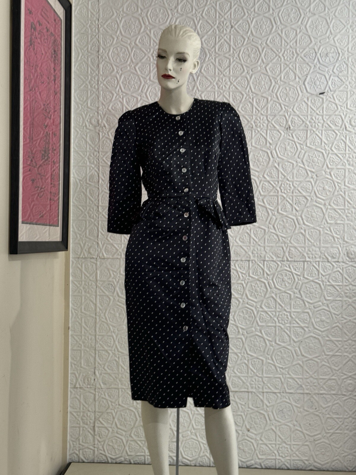 1980s Does 1940s Black satin Peplum Pencil Dress-Polka Dot-Chic-Vintage-Small