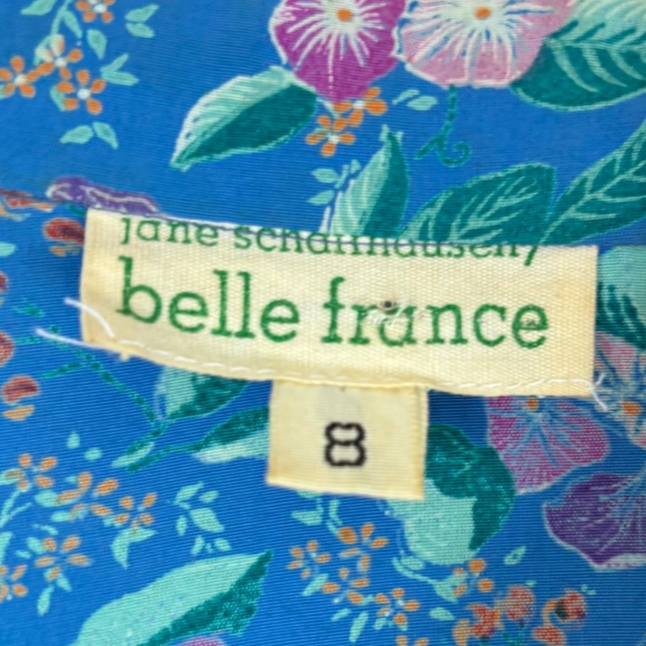 Belle France Jane Schaffhausen Vintage Blue Floral Button Up Blouse Womens 8
