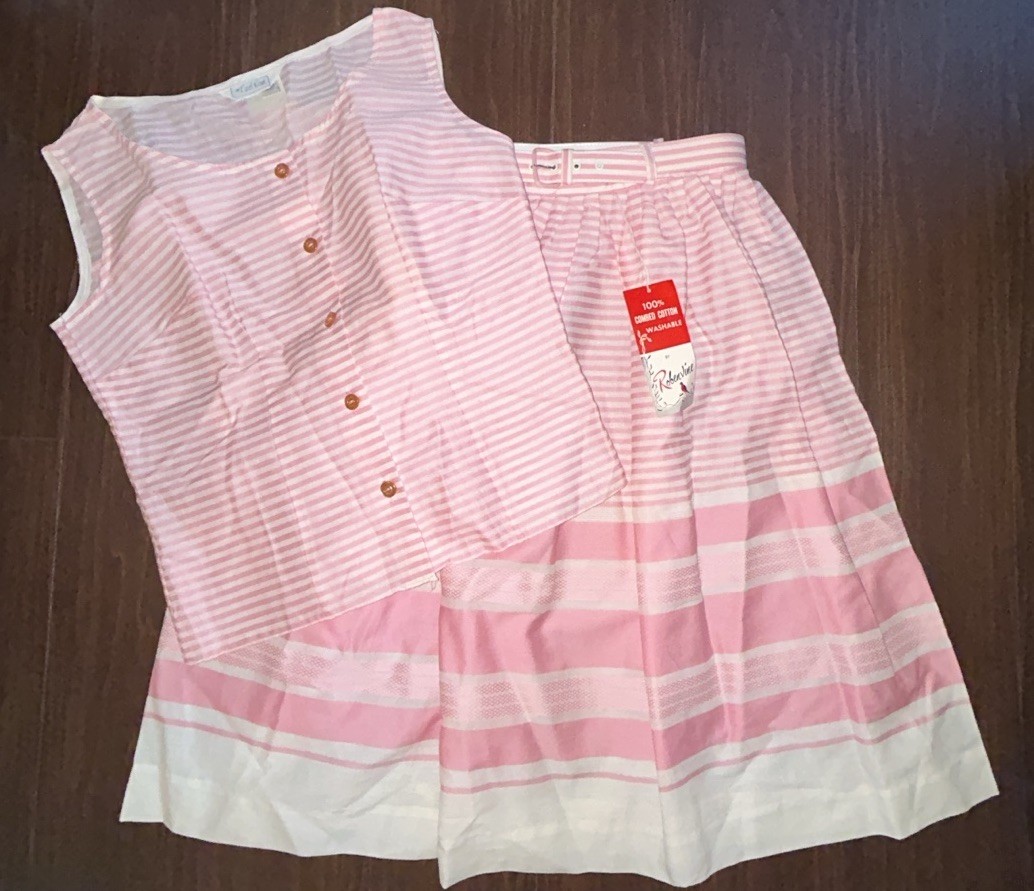 Vintage Size 16 Carol Brent Robenvine Two Piece Set Pink White Stripe Skirt Top