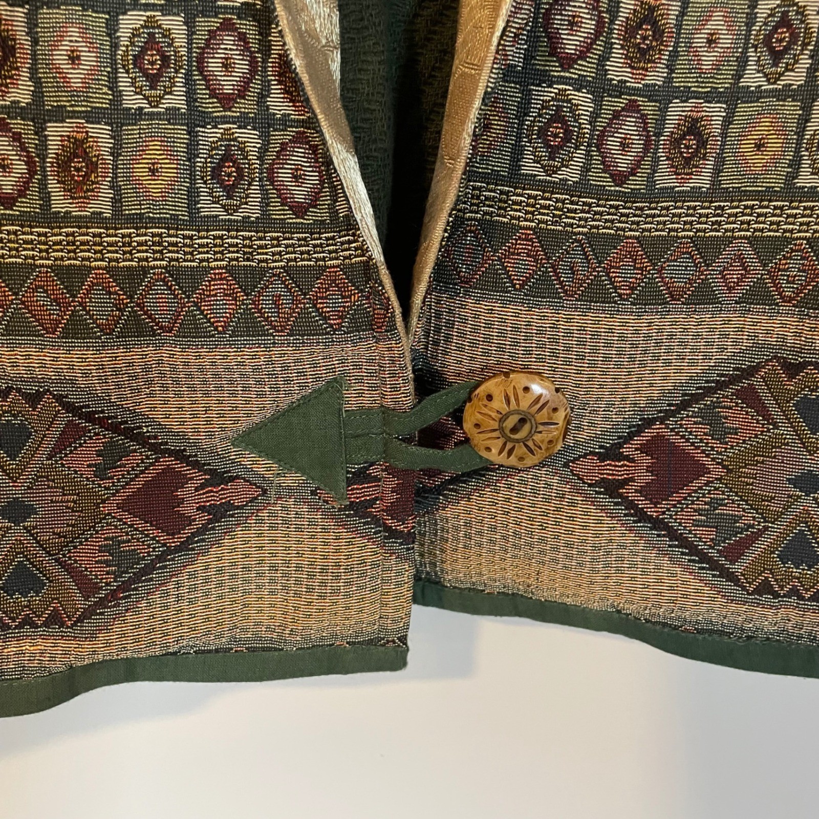 Flashback Vintage Tapestry Patchwork Jacket Green Gold Boho Art To Wear Medium