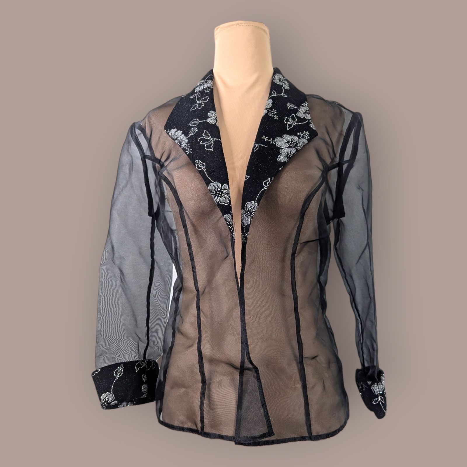 Alex Evenings Sheer Black Floral Jacket Silver floral print Size Small