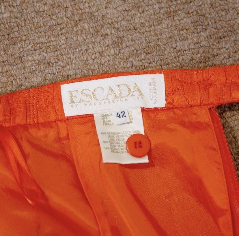 Vintage 1980s Escada Orange Wool Silk Skirt Suit Gold Button Size M UK 12