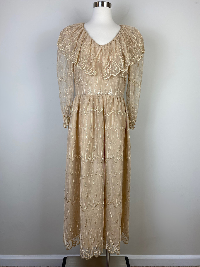 Cachet Bari Protas Vintage Dress Gold Lace Victorian Midi Bertha Collar Sz 11/12