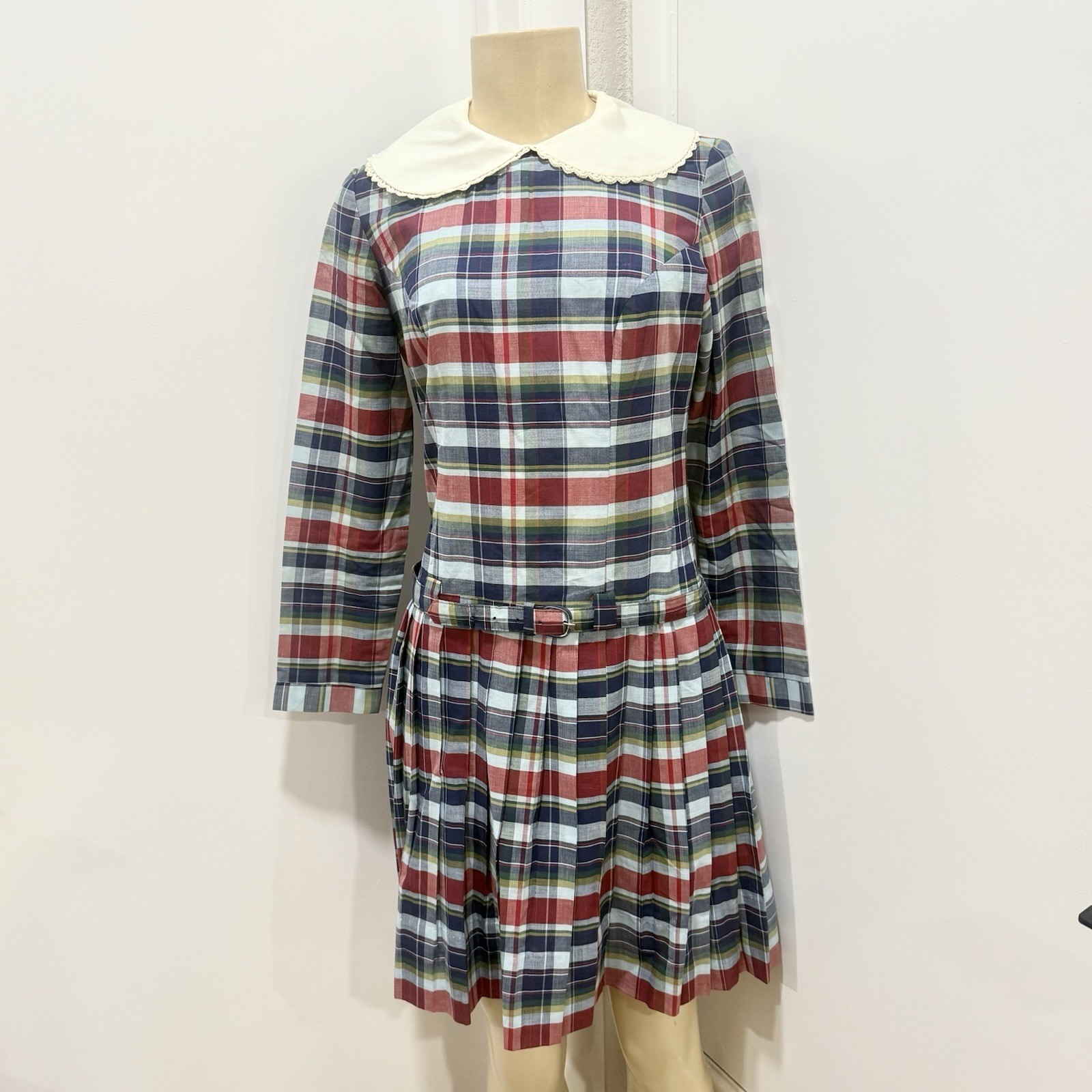 Vintage SEARS JR BAZAAR Plaid Dress Peter Pan Collar Drop Waist School girl
