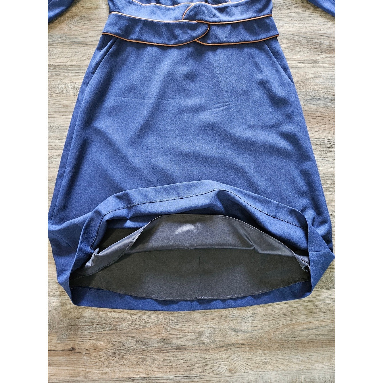 Rare THE FOLD London Virgin Wool Navy Blue w/ Copper Neck Line & Belt Trim Dress