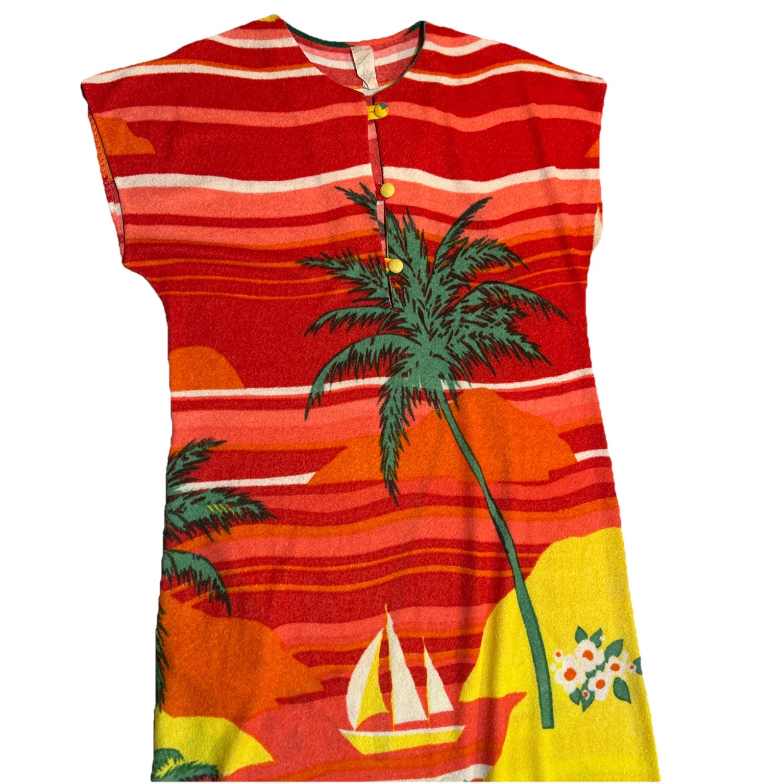 Vtg 70s Hawaiian Sunset Rainbow Palm Trees Micro Terrycloth Towel Maxi Dress M