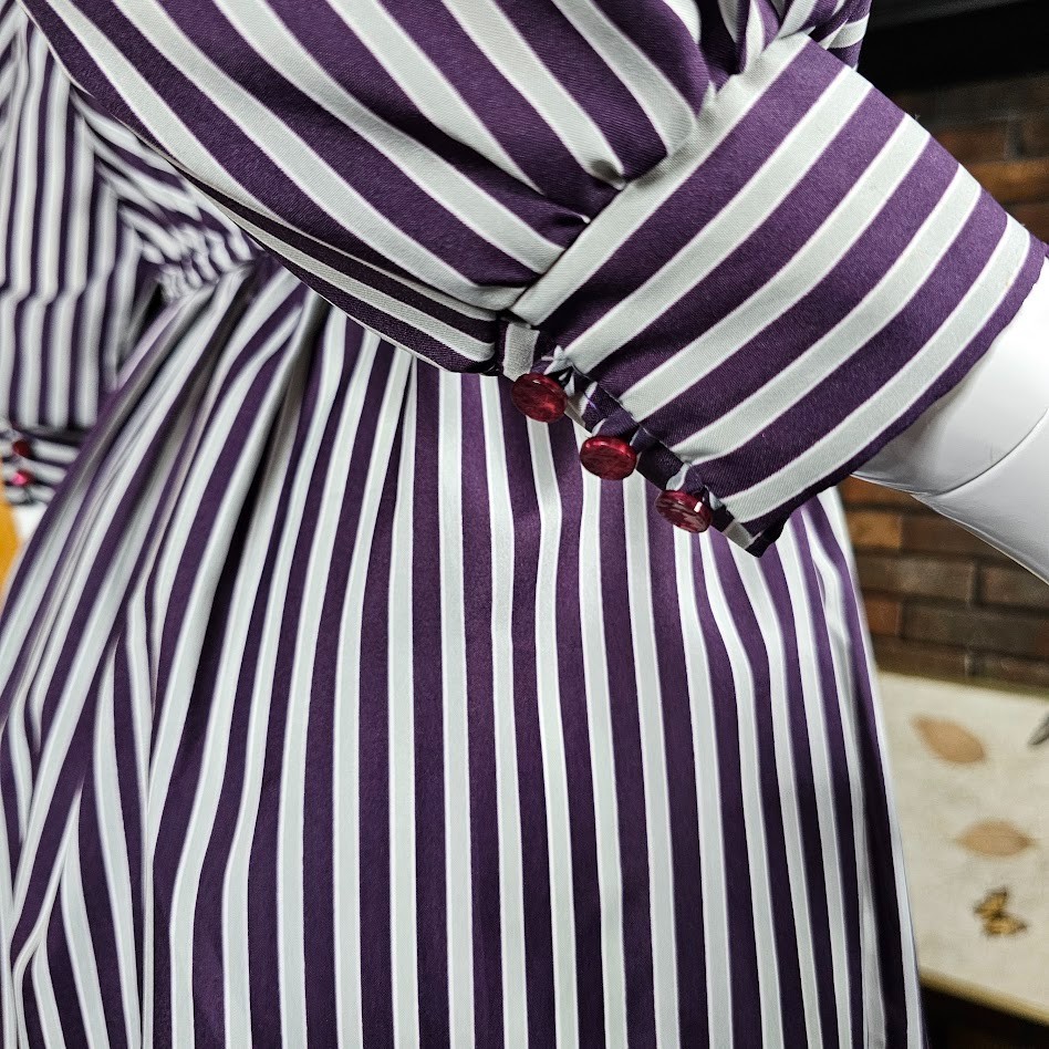Vintage 80s Contrast Stripe Puff Balloon Sleeve Secretary Office Day Dress XS/S