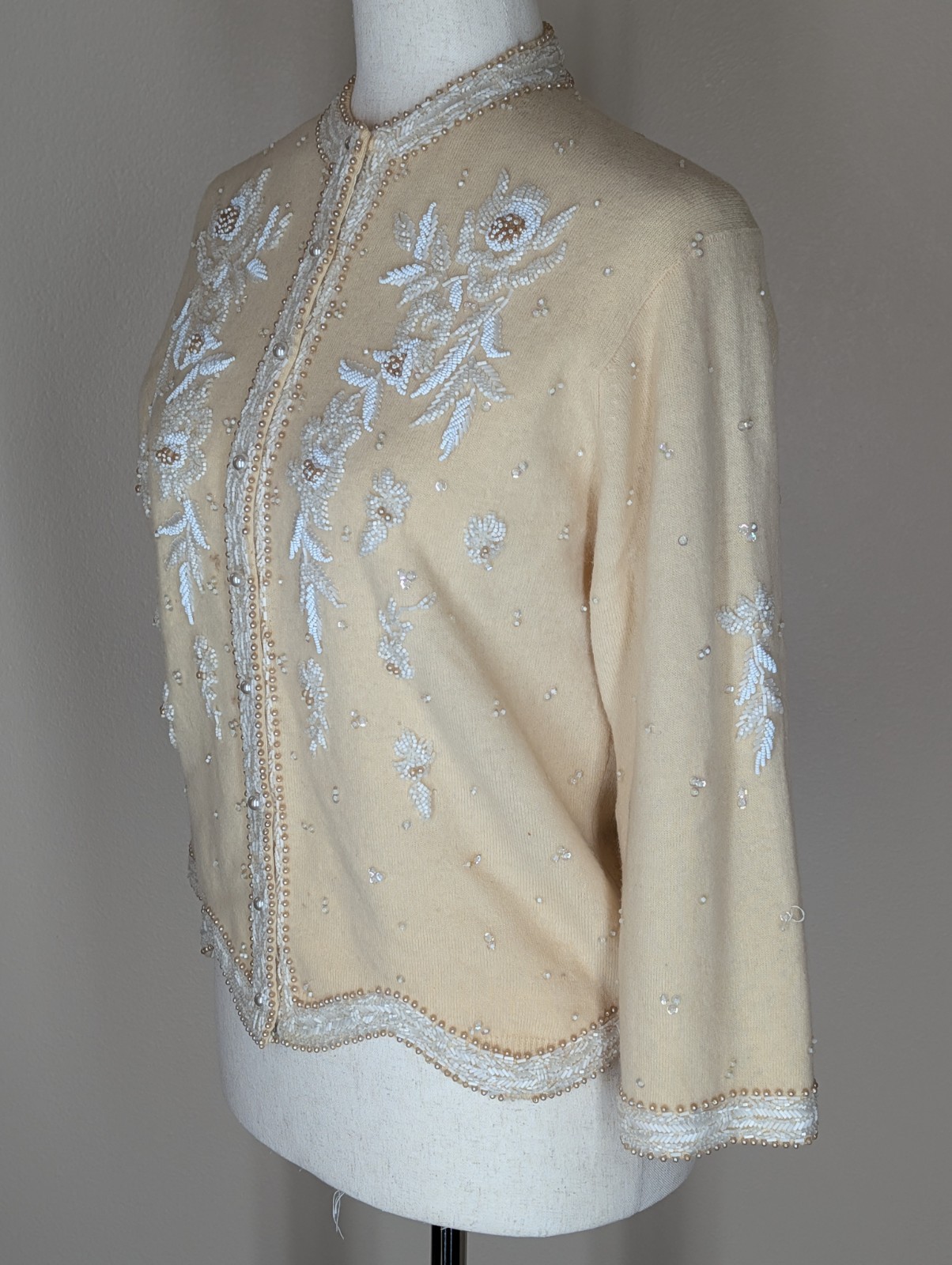 Vintage 1950s Hand Beaded Cardigan Cream With White Floral Beading Size Small