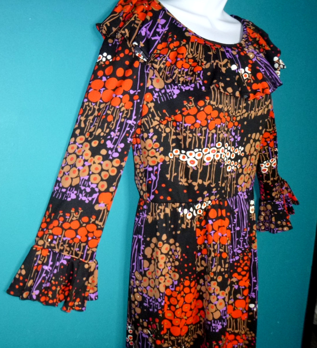 Vtg 70s Dynasty Stretch Poly MOD Maxi Dress Stylized Floral Sz S/M Hong Kong