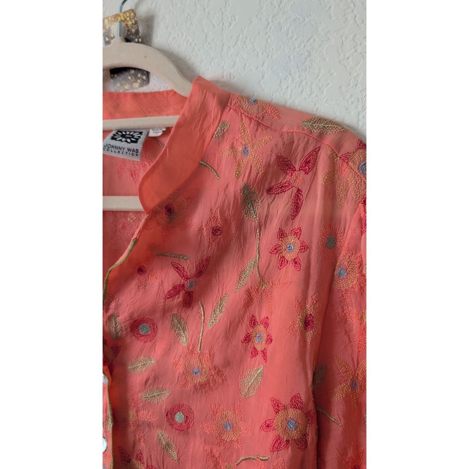 Vintage Johnny Was Collection Small Top Embroidery Flowers Pink Ruffle Bohemian