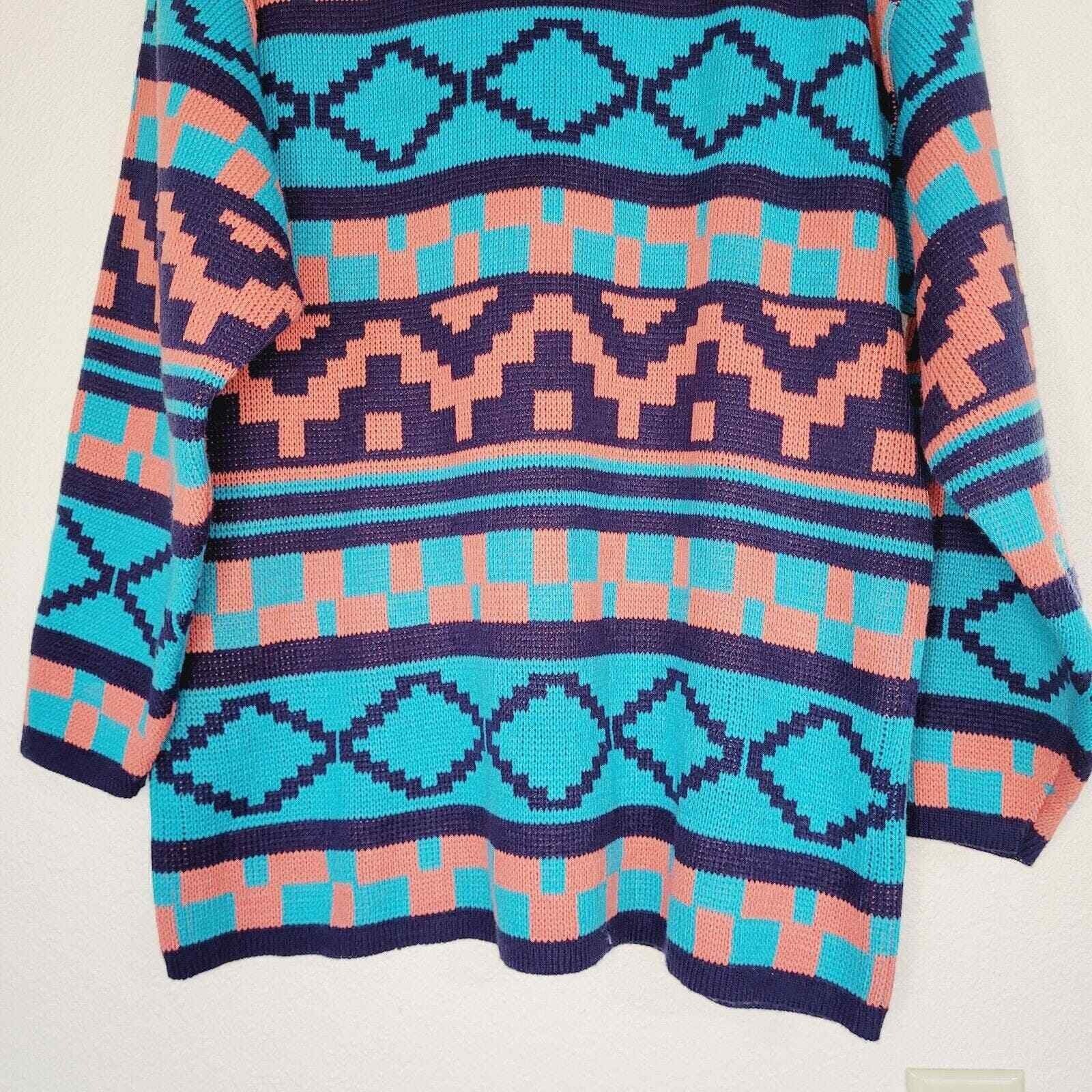 Michael Carrie VTG Retro 80s Eclectic Aztec Knit Oversized Tunic Sweater Sz M