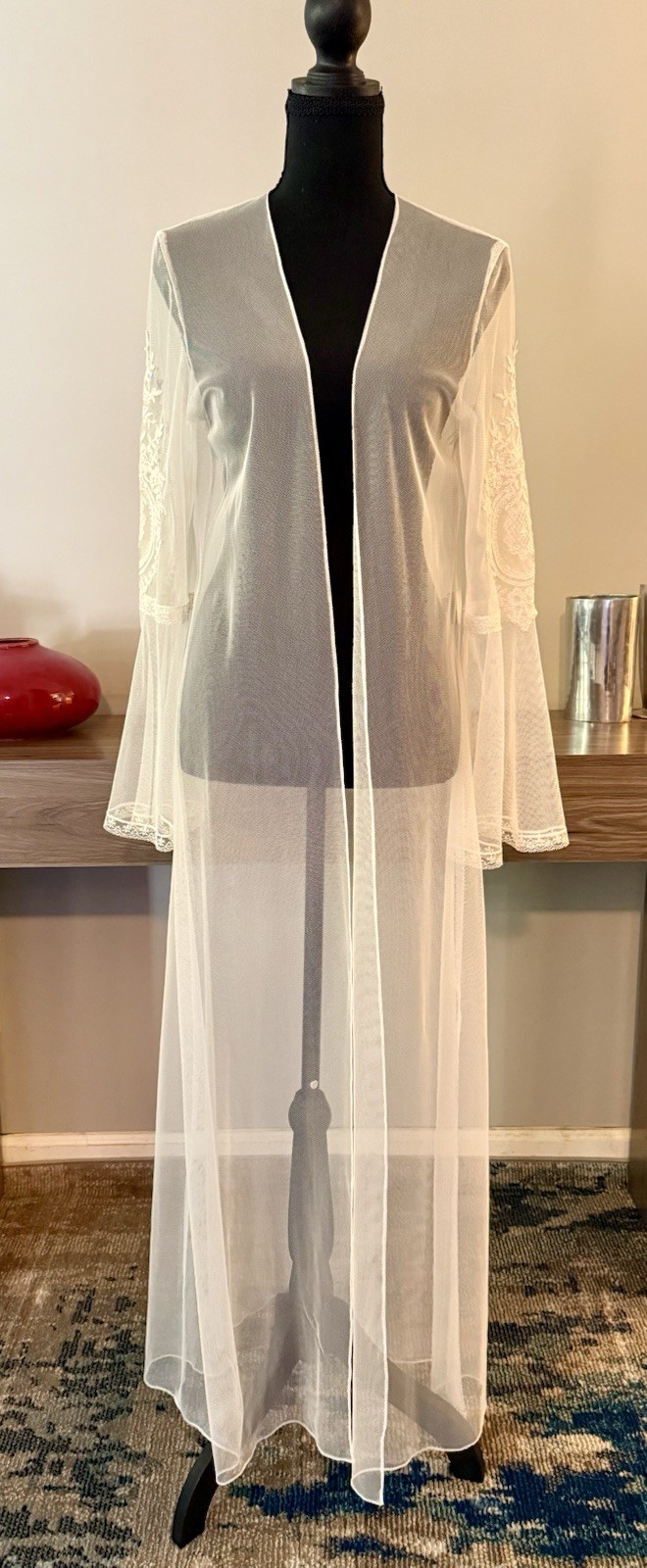 Vintage Jonquil by Diane Samandi Chloe Sheer Mesh Lace Maxi Robe Duster Bridal M