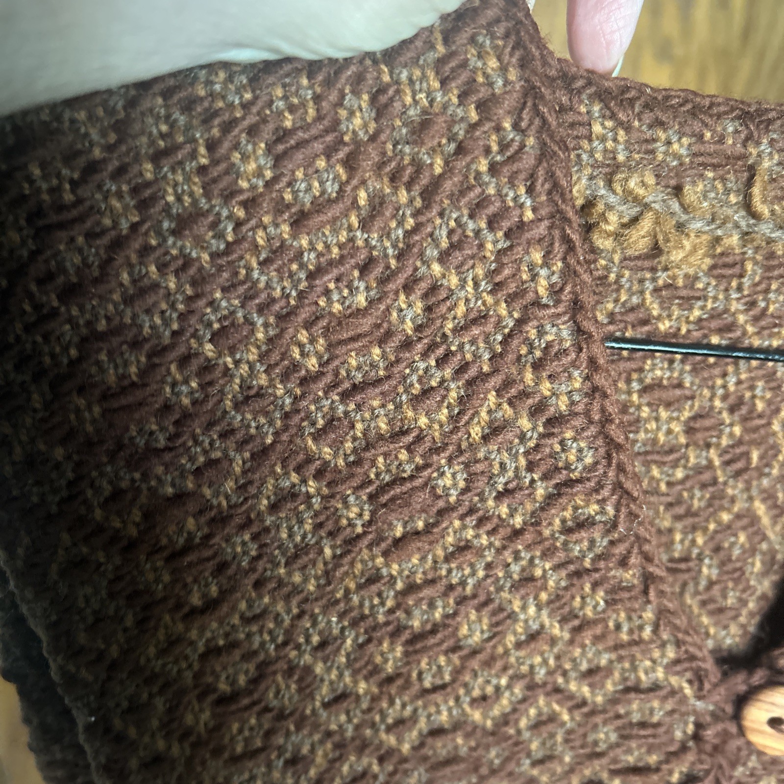 Early 1970s Hand Knit Wool Copper & Brown Fringed Vest