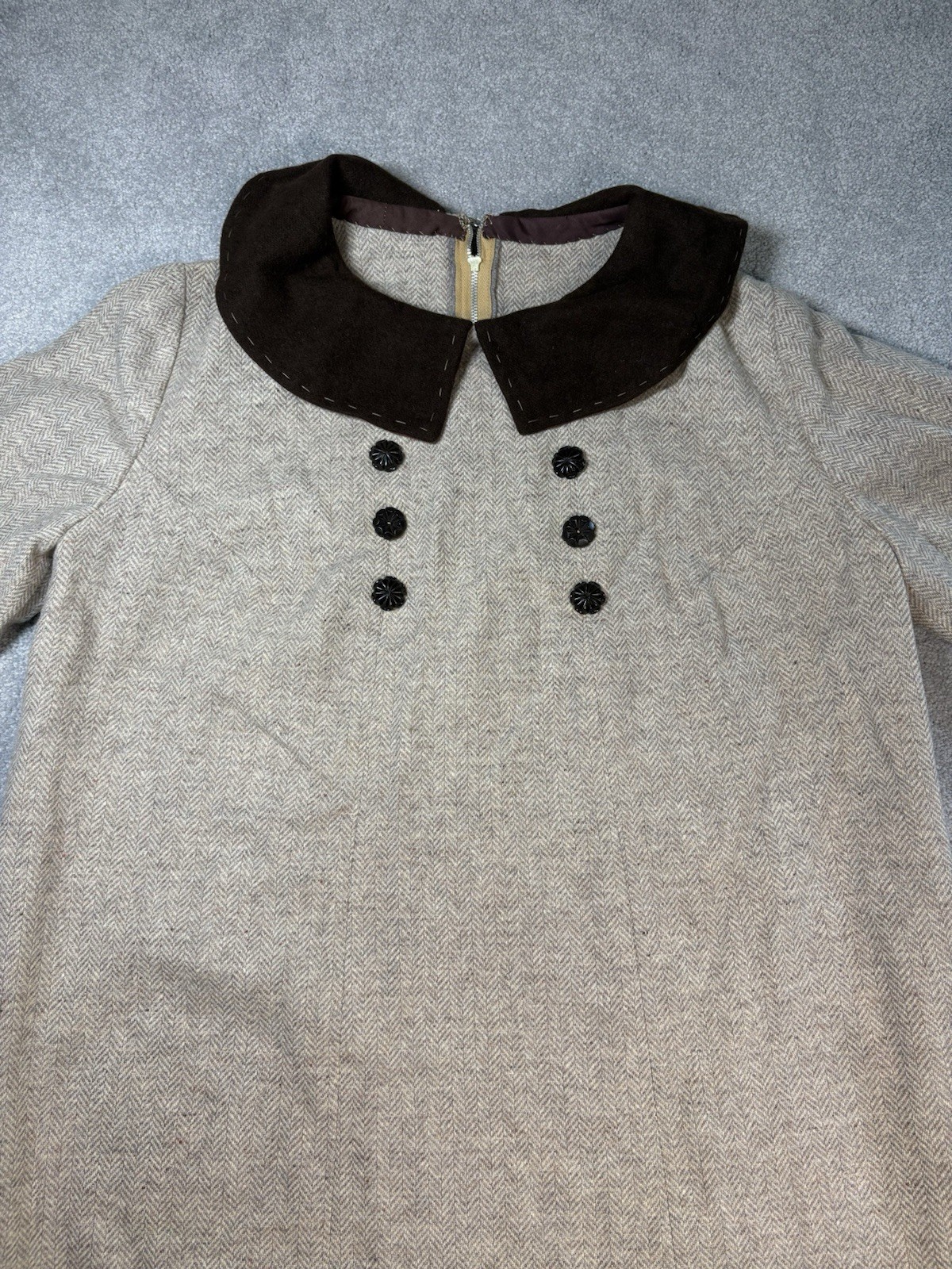 1950s Wool Shift Dress Herringbone Handmade Collared Short Sleeve Women’s L/ XL