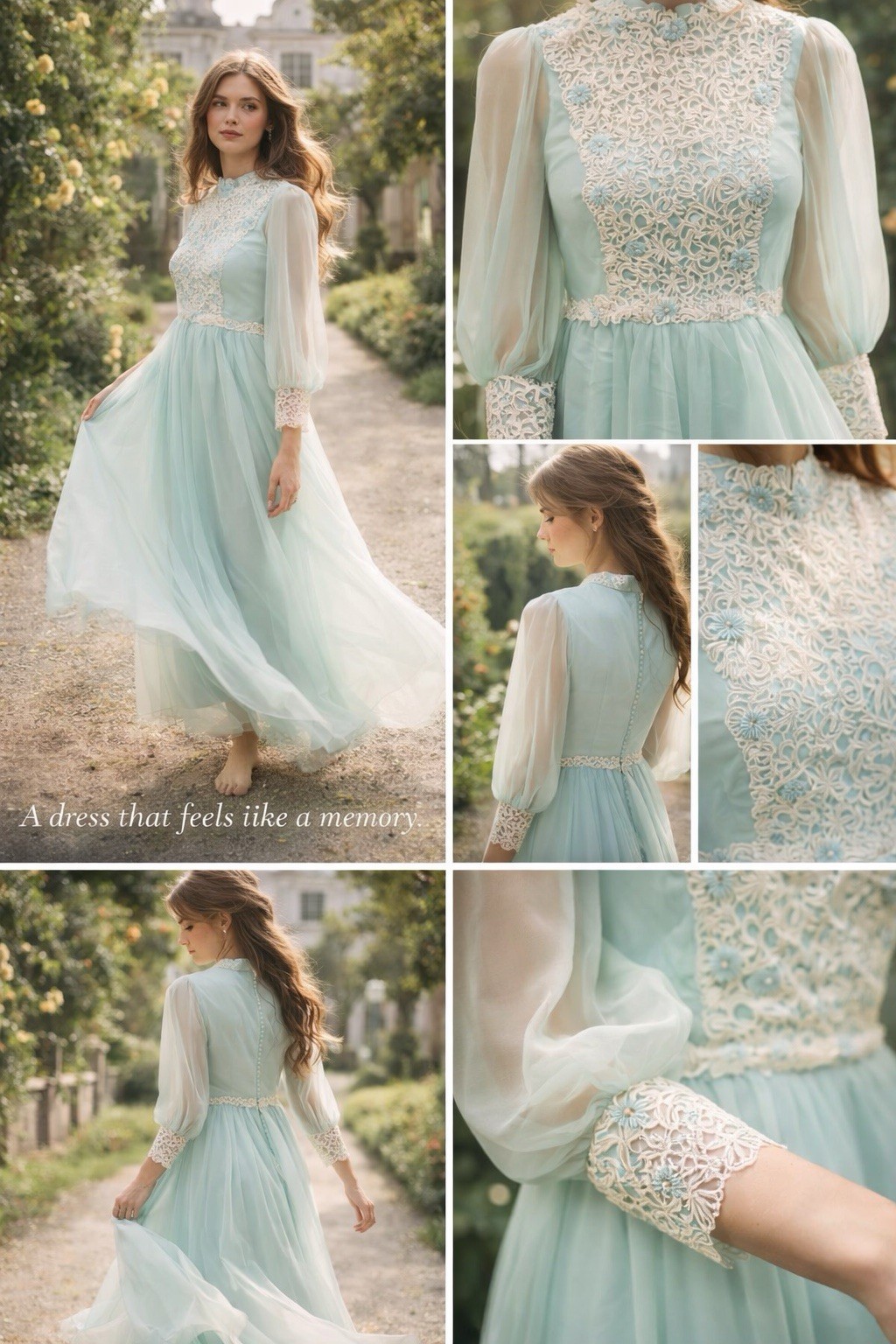 Vintage Nadine Seafoam Aqua Lace Maxi Dress 70s Romantic ILGWU