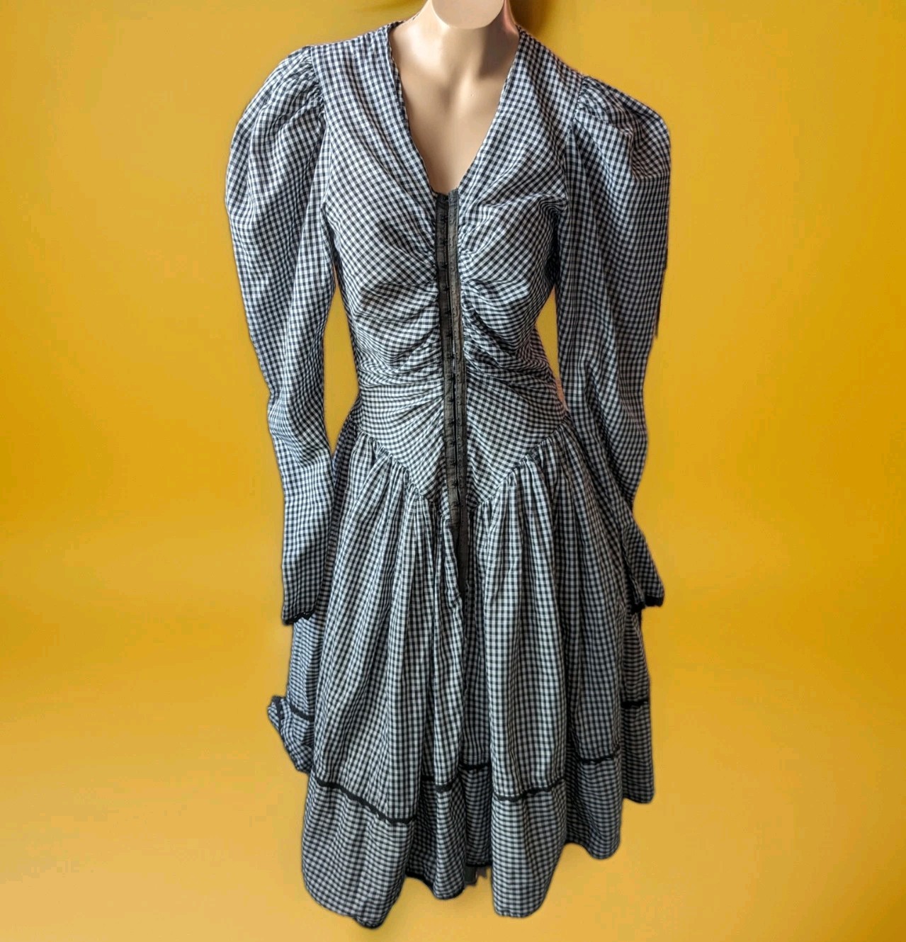 Vintage 1980s Betsey Johnson Punk Label Gingham Puff Sleeve Corset Mini Dress S