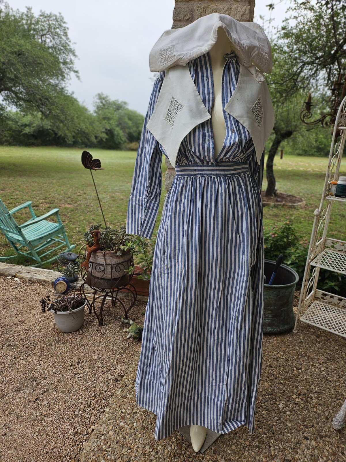 Antique Edwardian WWI Blue White Striped Cotton Nurse Uniform Maxi Dress & Hat