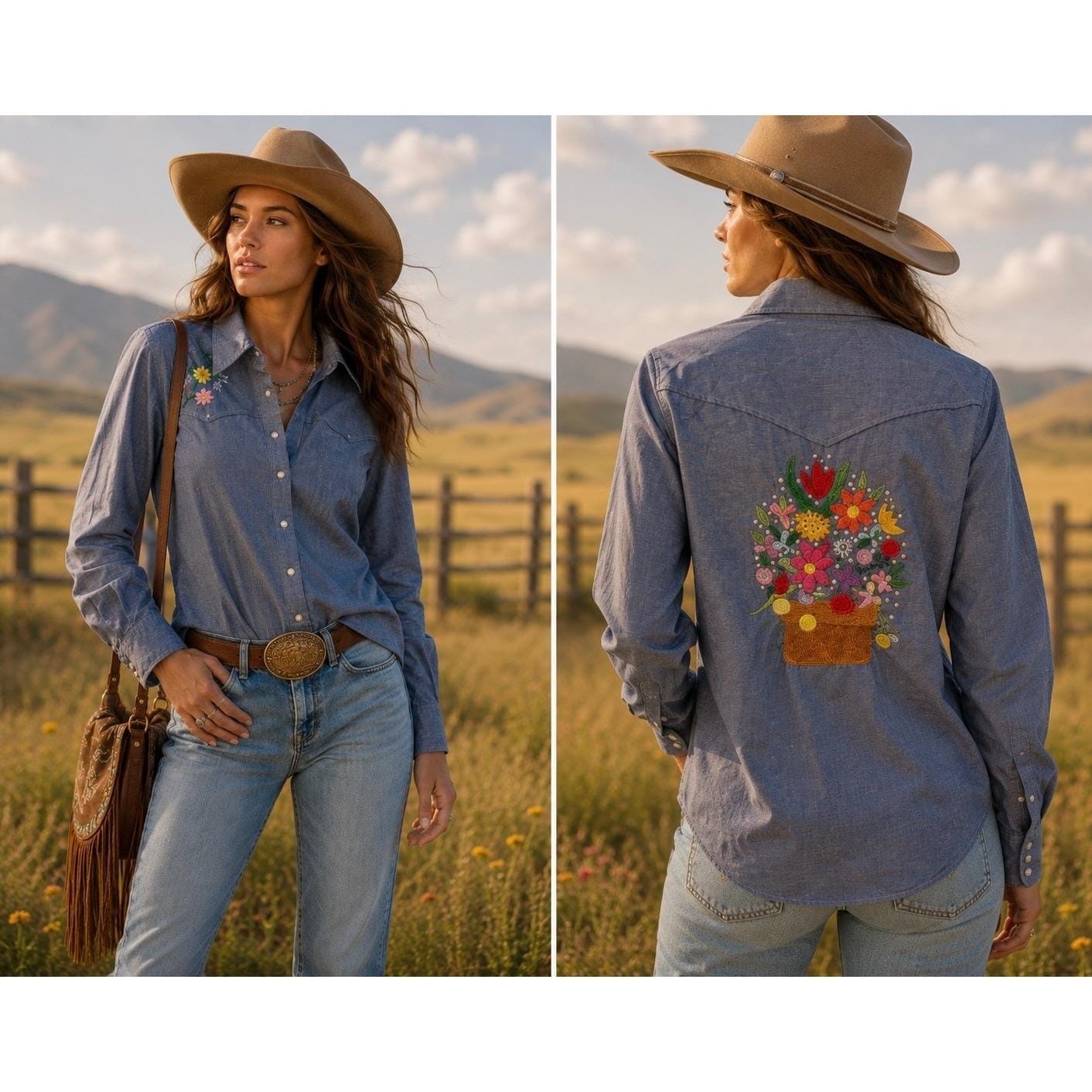 Vtg Lady Wrangler Chambray Shirt Blue Hand Embroider Folk Art Western 70s USA
