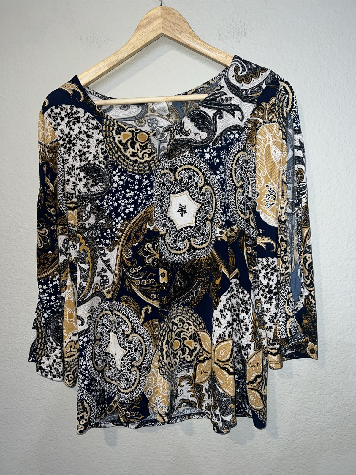 Emi & Joe WHITE/GOLD/BLUE Knit Tunic Paisley Stretchy Classy XL/P