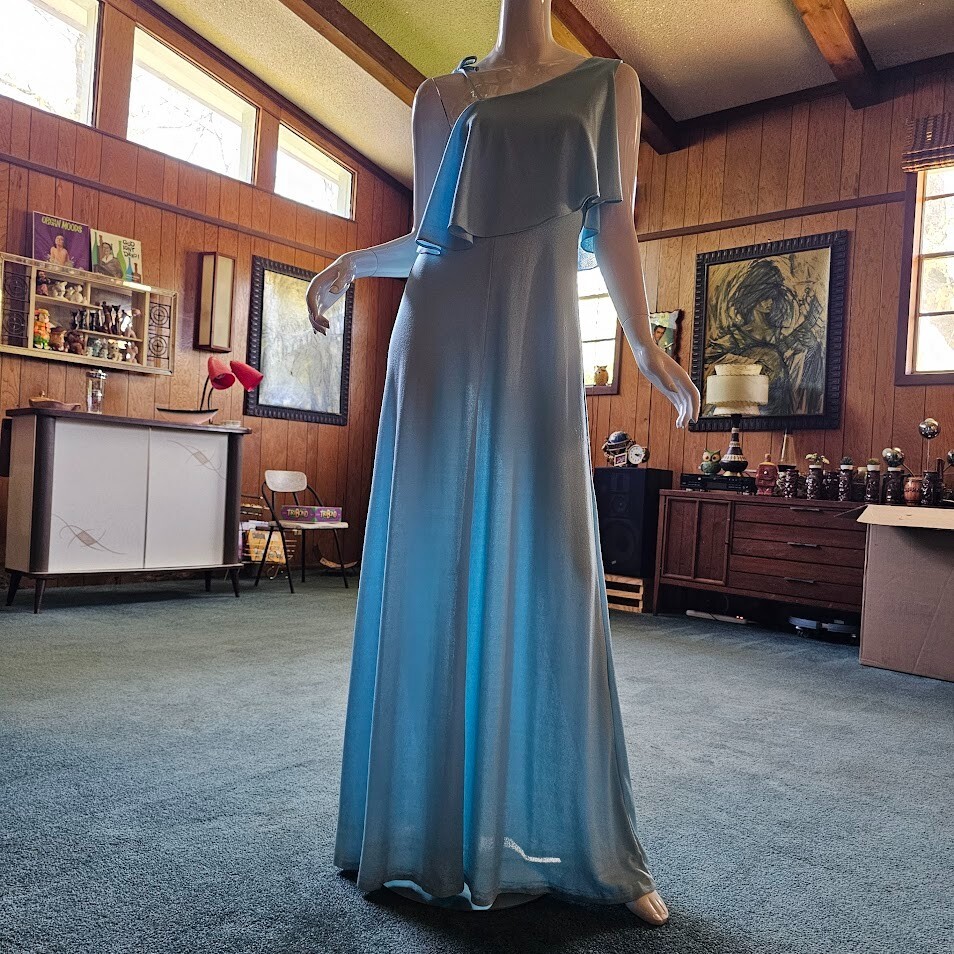Vtg 70s Disco Cold Shoulder Soul Train Liquid Jersey Maxi Evening Dress Gown S/M