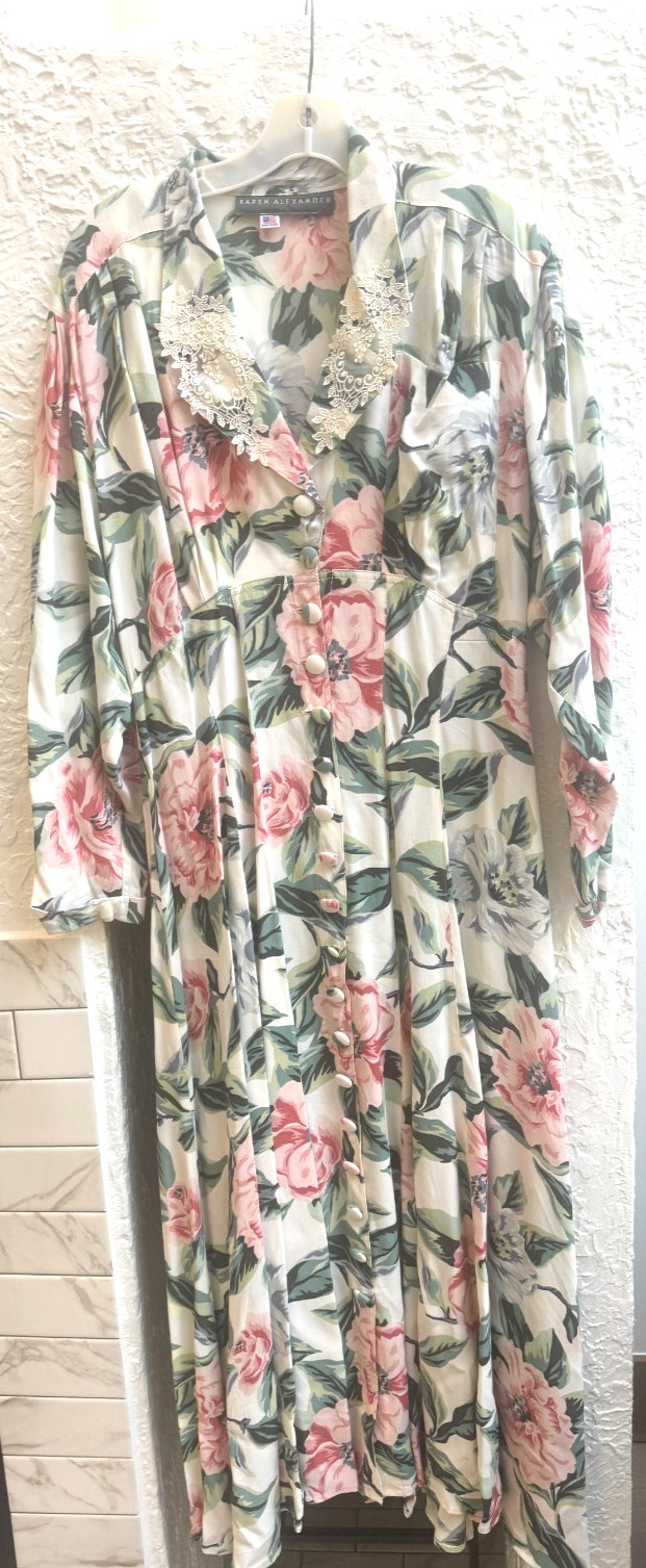 Vintage Karen Alexander Floral Dress Lace Collar Cottagecore Prairie USA M/L