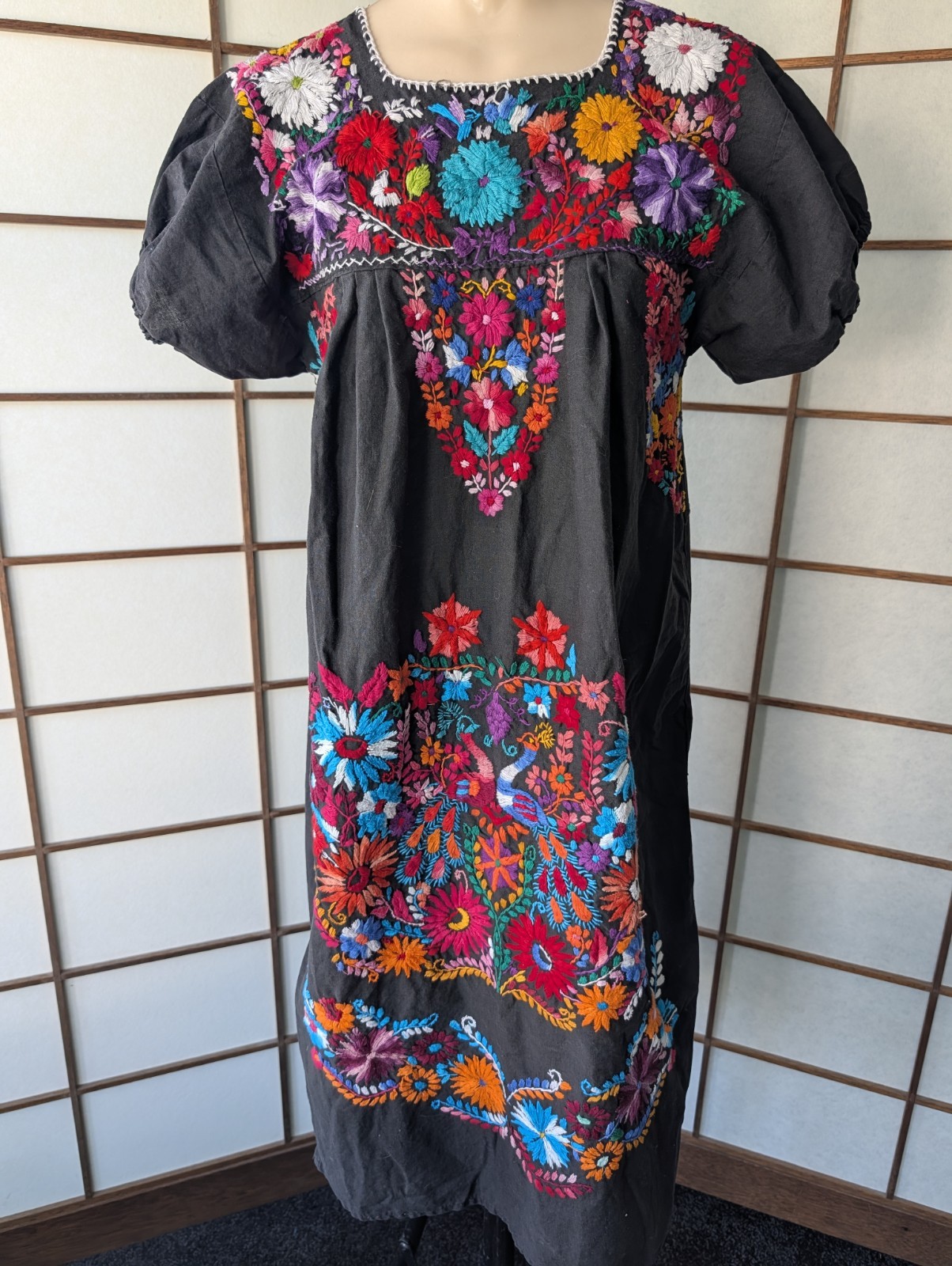 Vintage 70s Intricate Hand Embroidered Mexico Tourist Dress Peacock Sz M/L Black