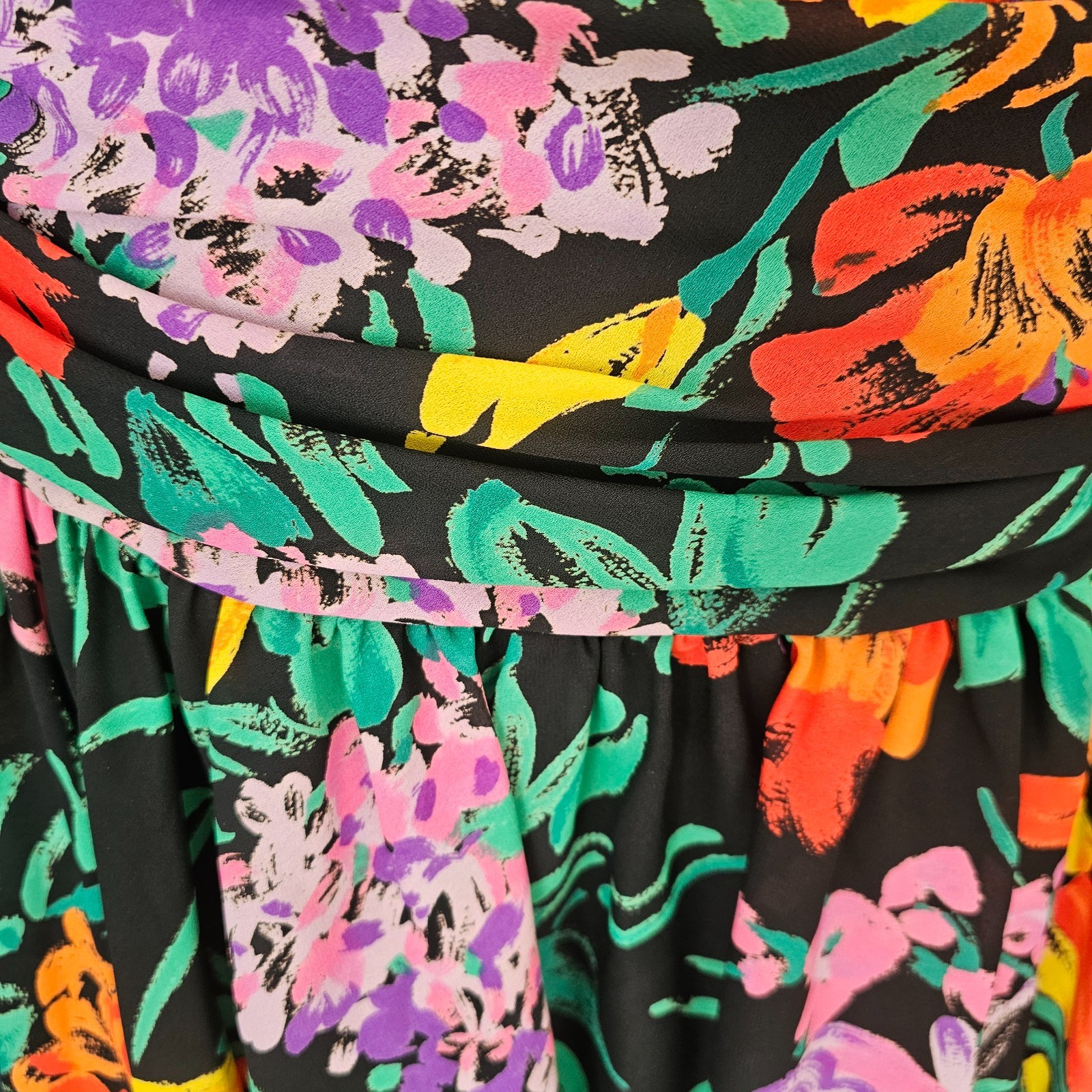 Masquerade 1980s Ruched Drop Waist Prom Party Dress Tropical Floral Size XS READ