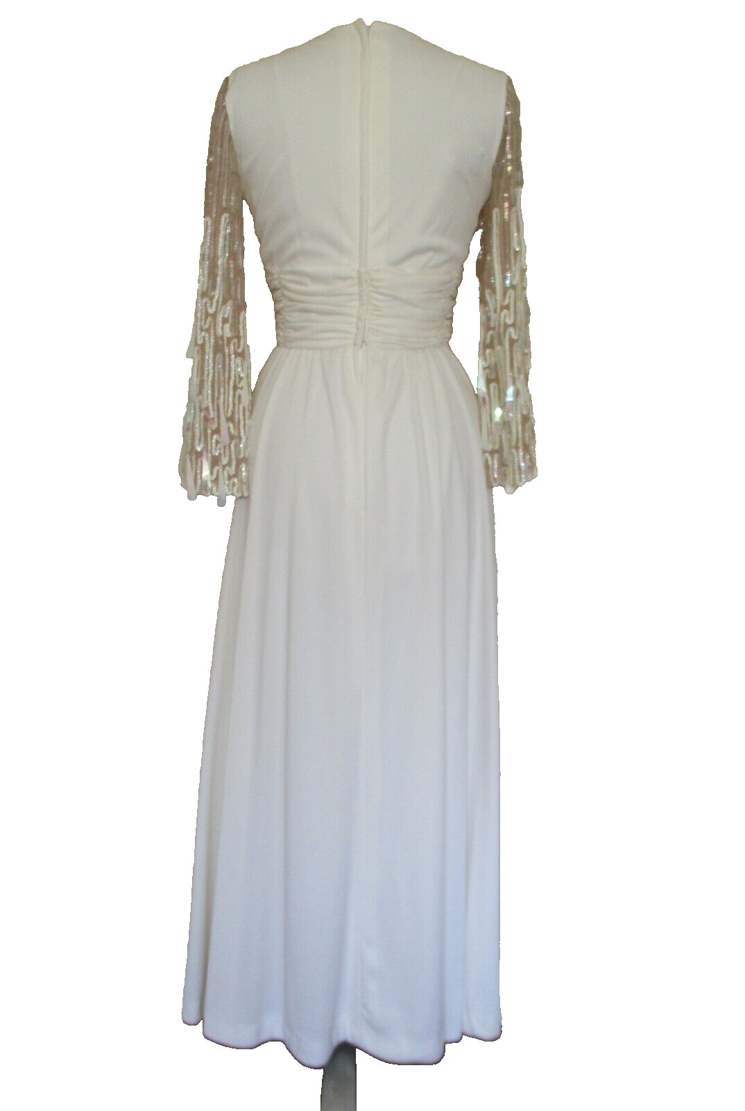Vtg 70s Lilli Diamond Maxi Dress Gown XS/S Ivory Drop Sequin Statement Sleeves
