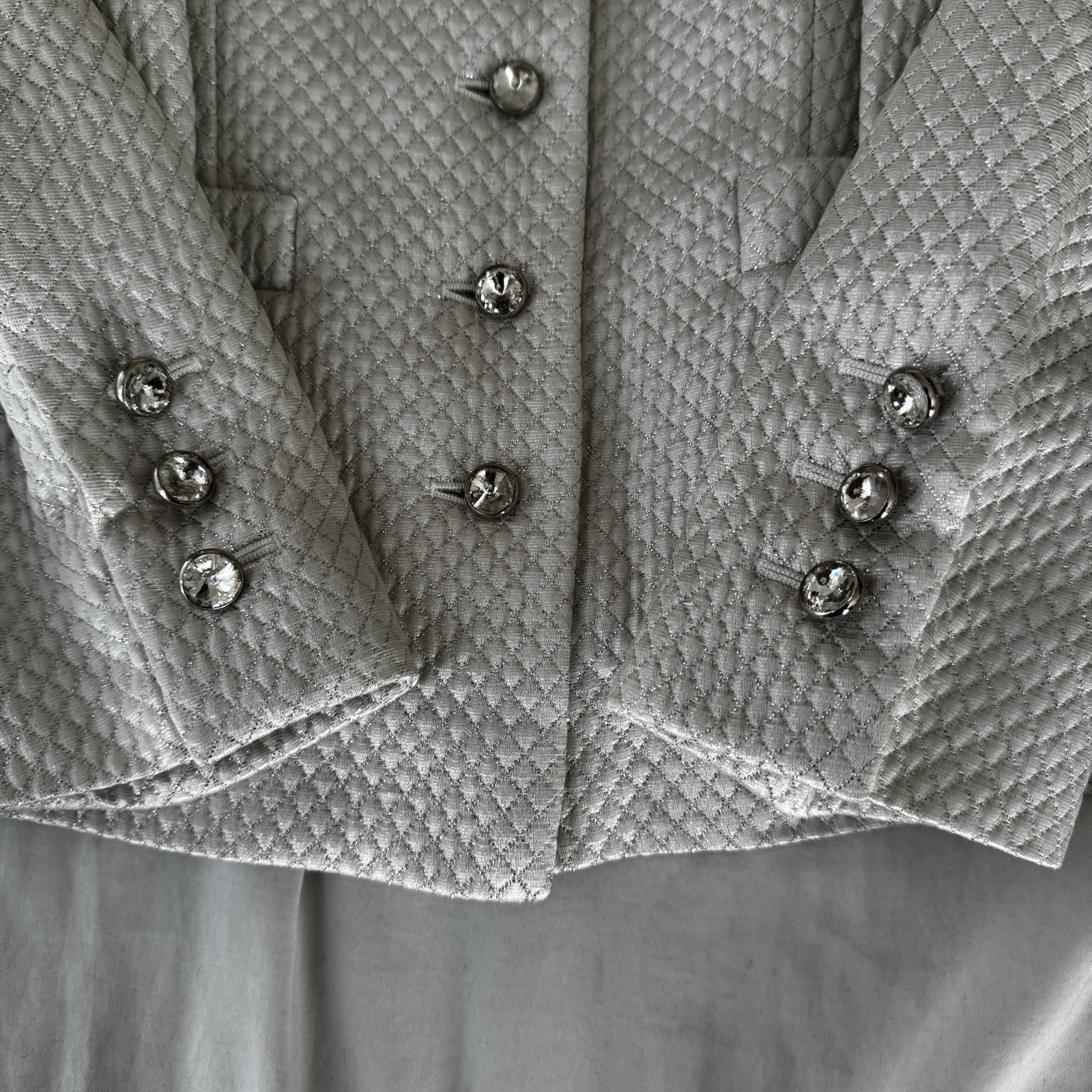 Vintage ESCADA COUTURE Silk Cotton White Silver Suit Jacket Blazer sz 34 Luster