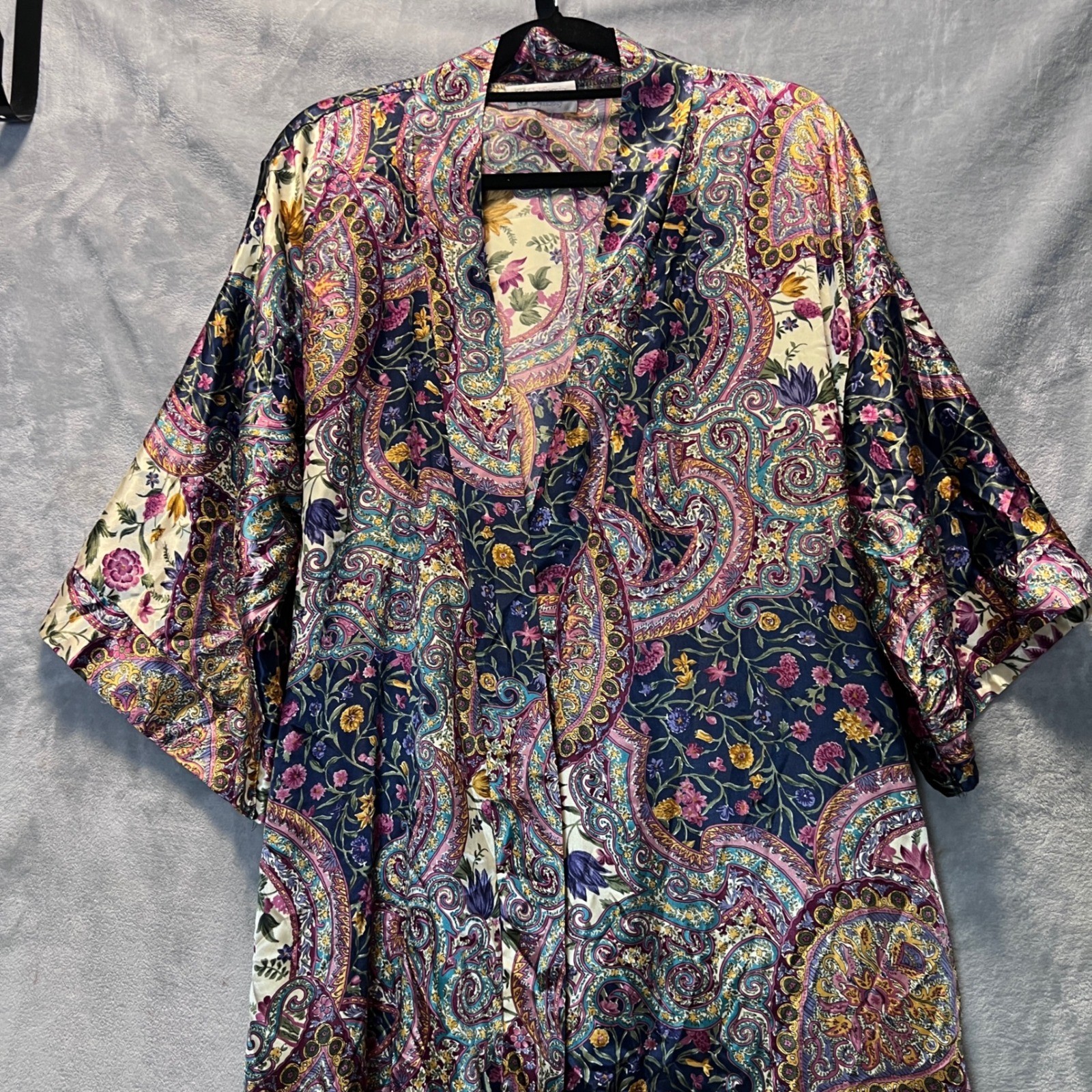 Vintage Dynasty Robe Kimono Paisley Floral Satin Duster Large Multi-Color 433545